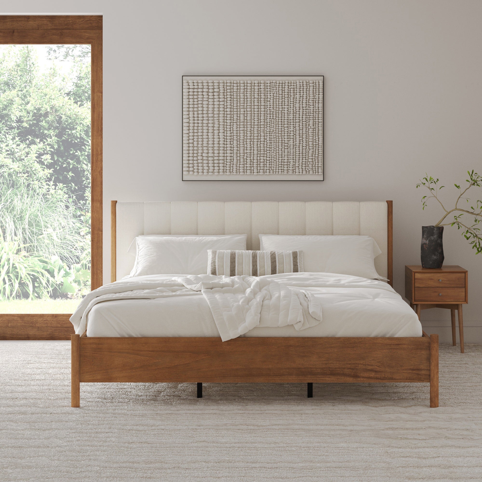 Mid Century King Upholstered Bed Frame with Boucle Headboard - Nathan James
