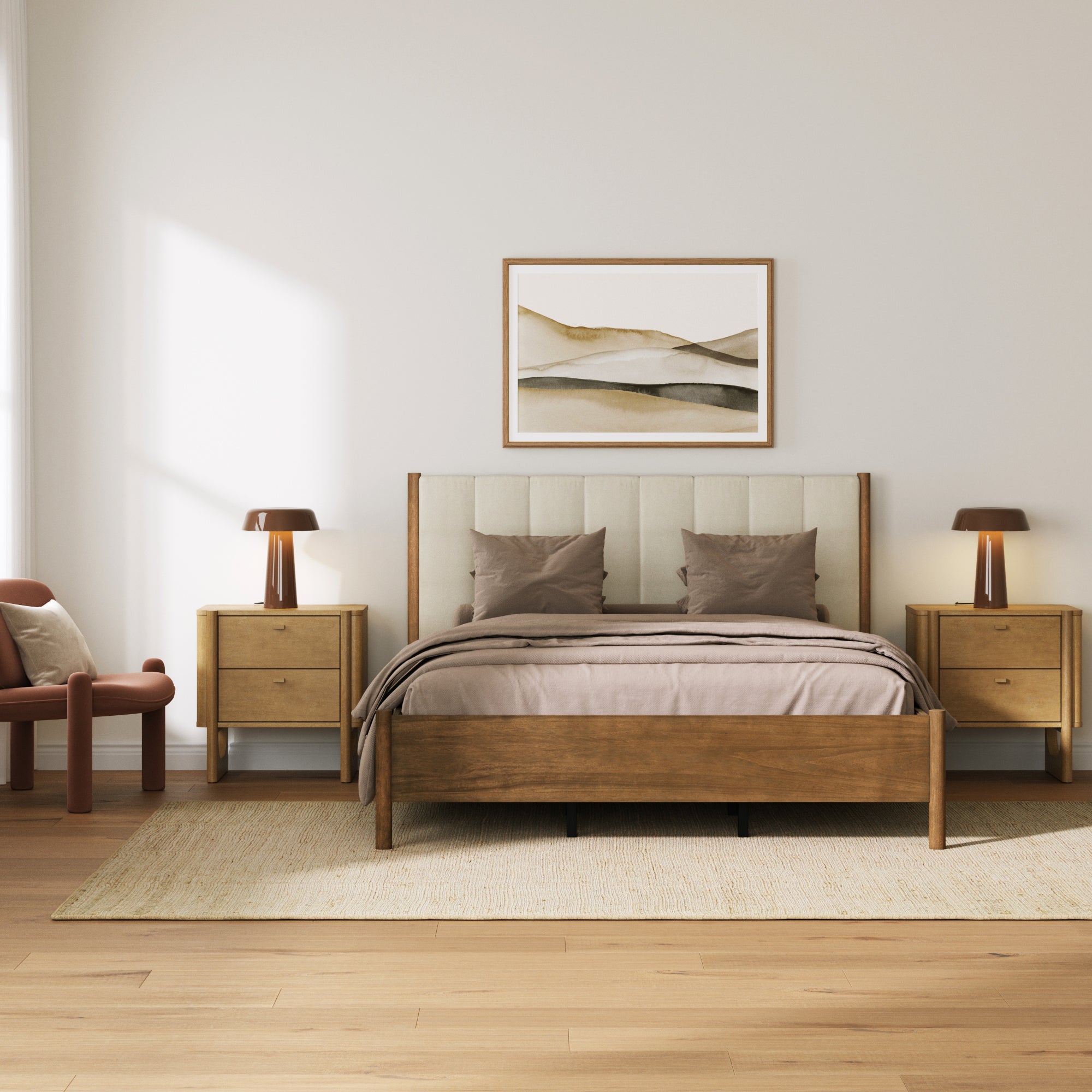 Mid Century Modern Queen Bed Frame and 2 - Drawer Nightstand Set - Nathan James
