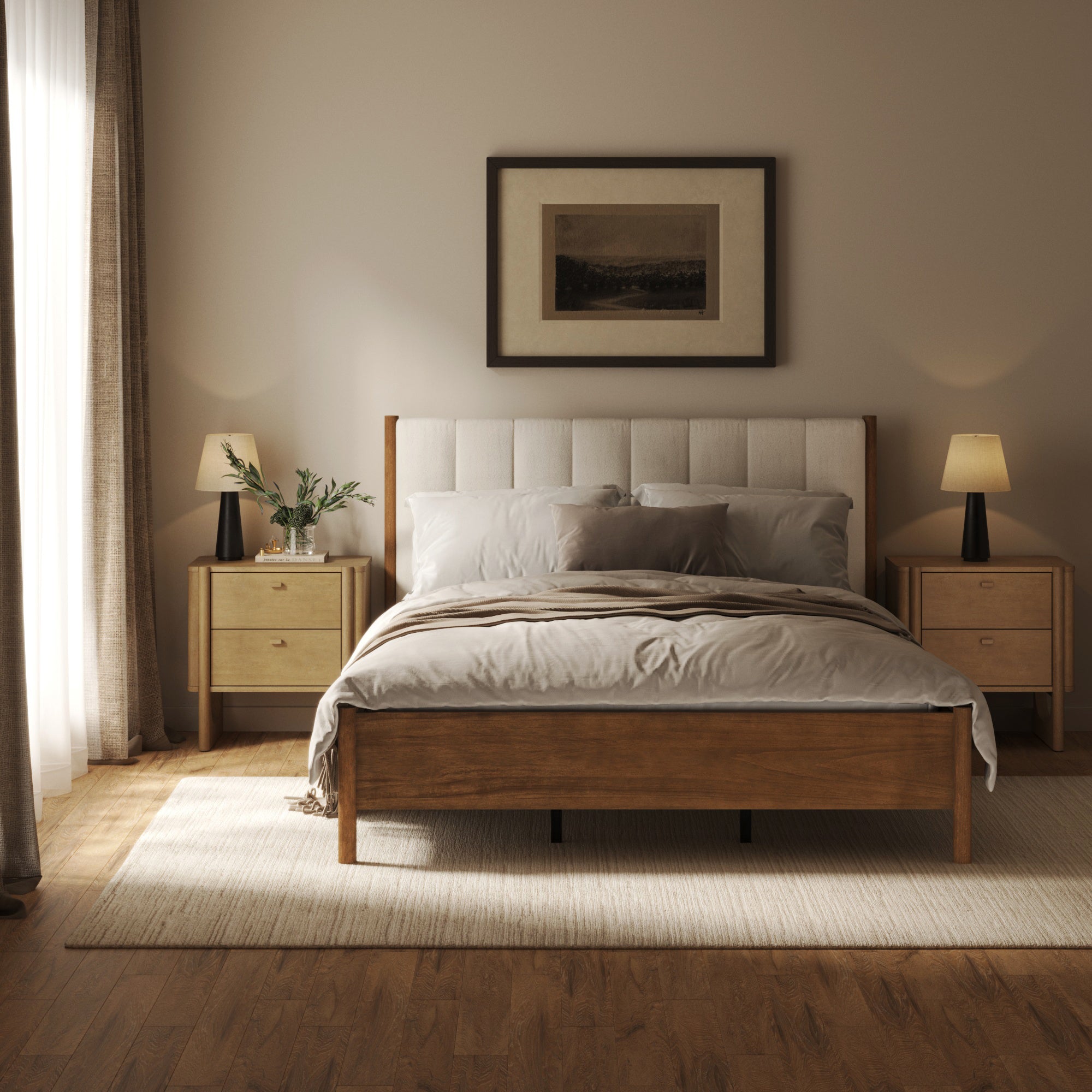 Mid Century Modern Queen Bed Frame and 2 - Drawer Nightstand Set - Nathan James