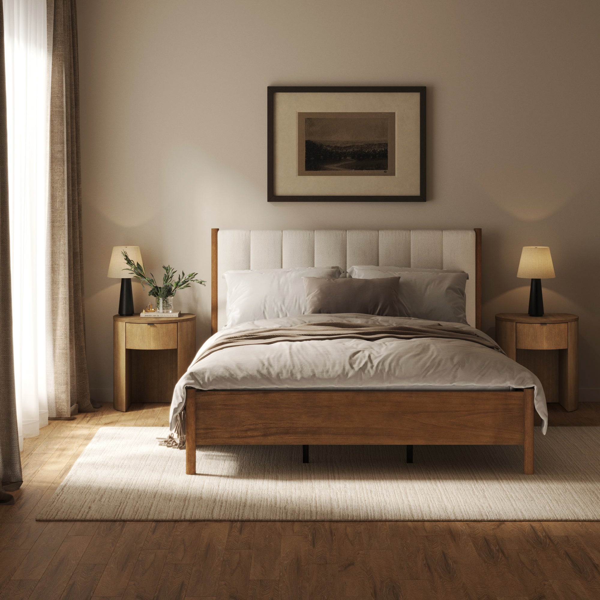 Modern Queen Bed Frame and Curved Nightstand with Drawer Set - Nathan James