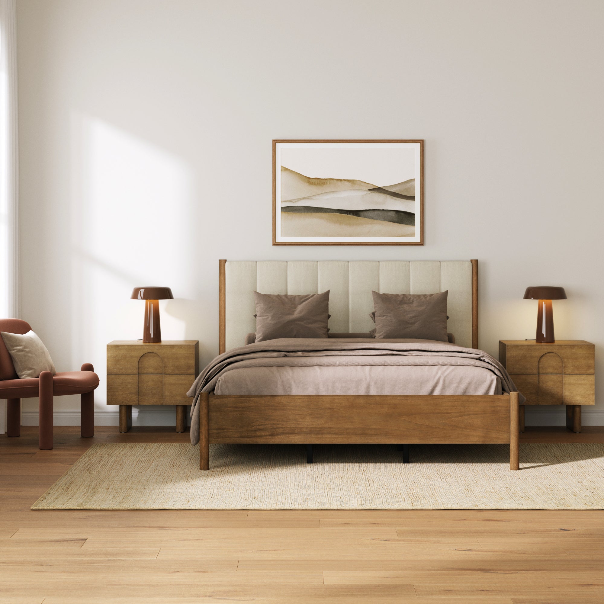 Mid Century Modern Queen Bed Frame and Arched Nightstand Set - Nathan James