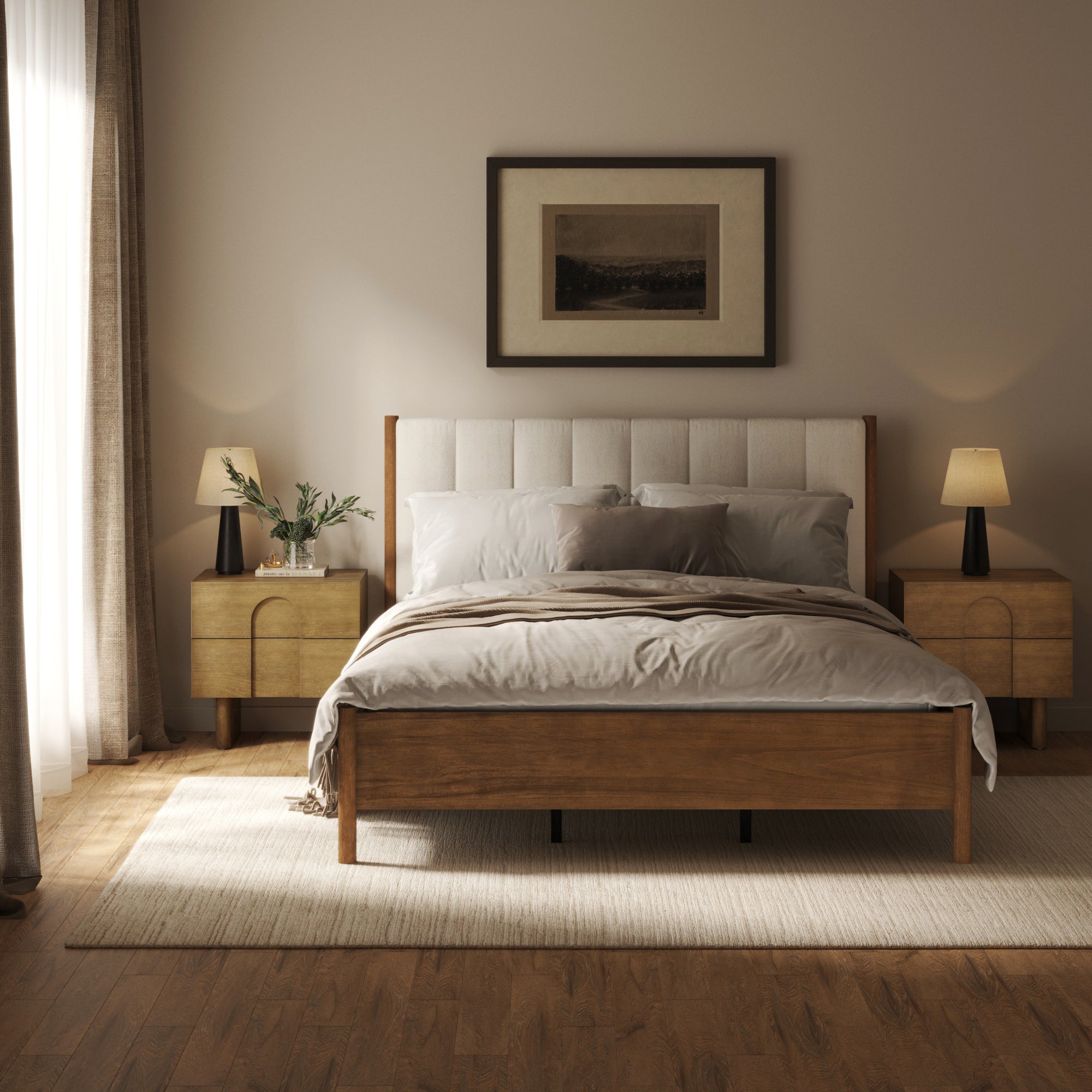 Mid Century Modern Queen Bed Frame and Arched Nightstand Set - Nathan James