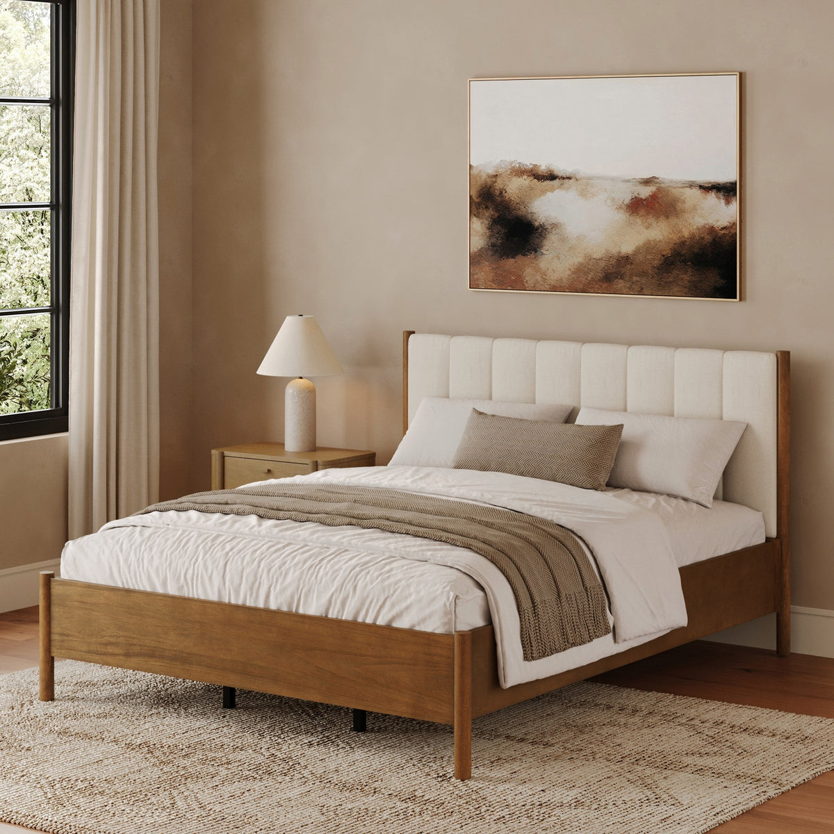 Mid-Century Upholstered Bed Frame with Boucle Headboard Light Brown  | Size Queen