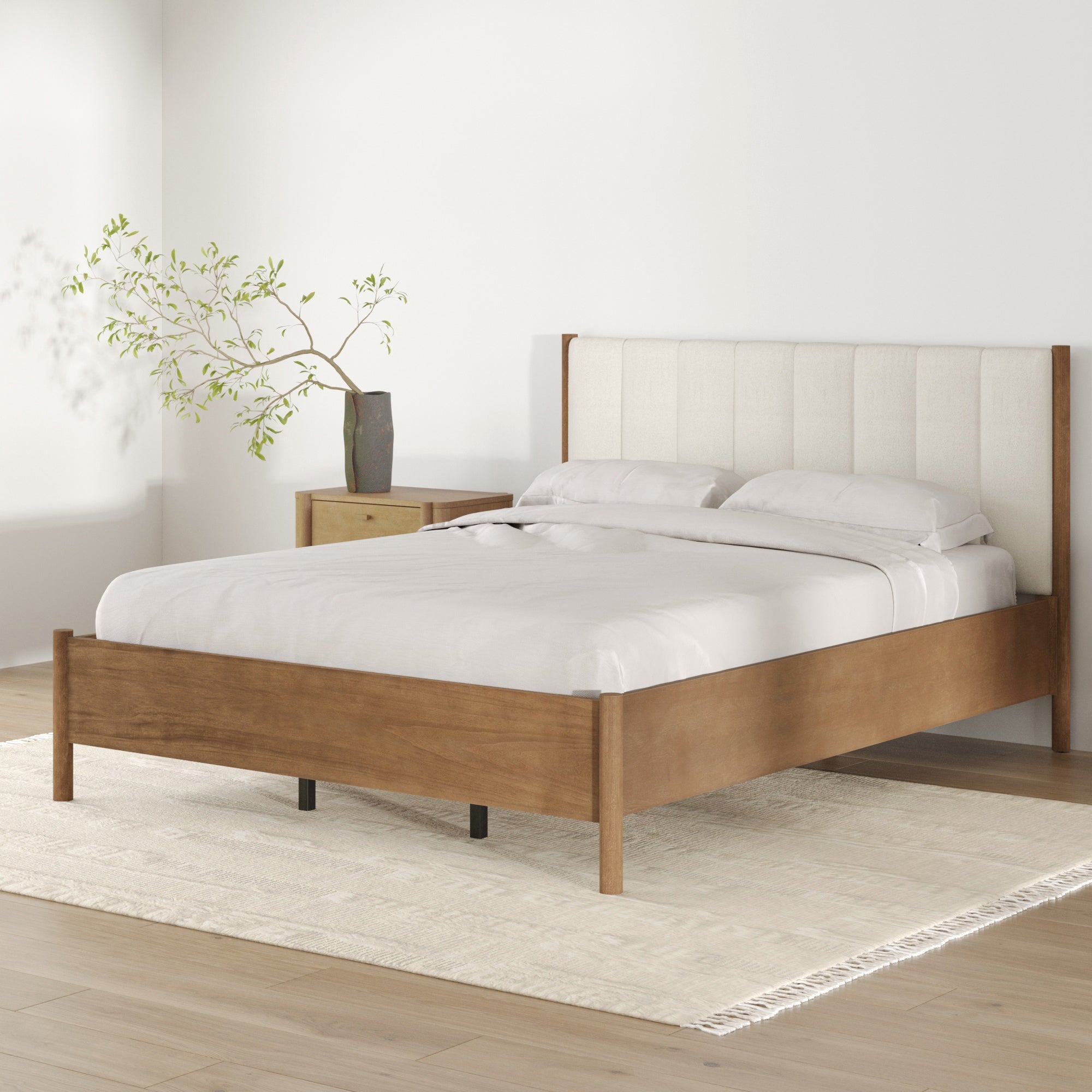 Mid Century Queen Upholstered Bed Frame with Boucle Headboard - Nathan James
