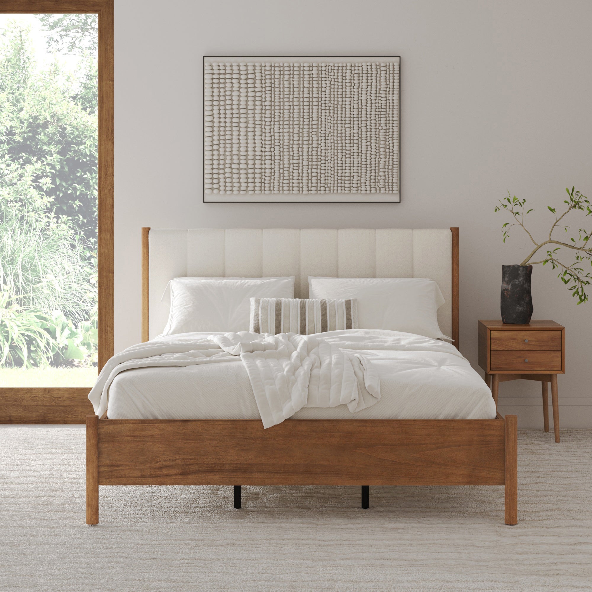 Mid Century Queen Upholstered Bed Frame with Boucle Headboard - Nathan James