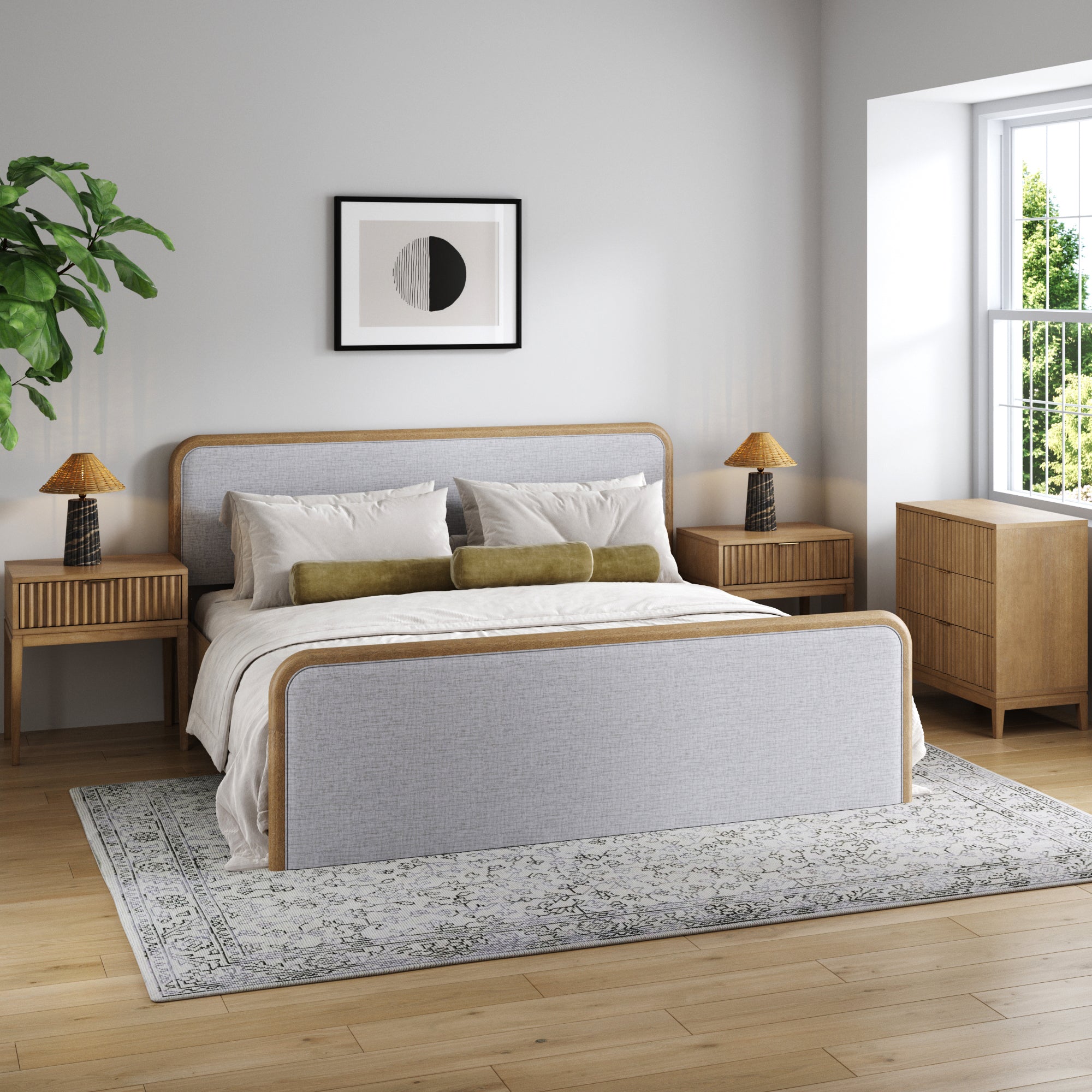 Fluted King Bed Frame with Solid Wood Dresser and Nightstand Set Gray/Light Brown - Nathan James