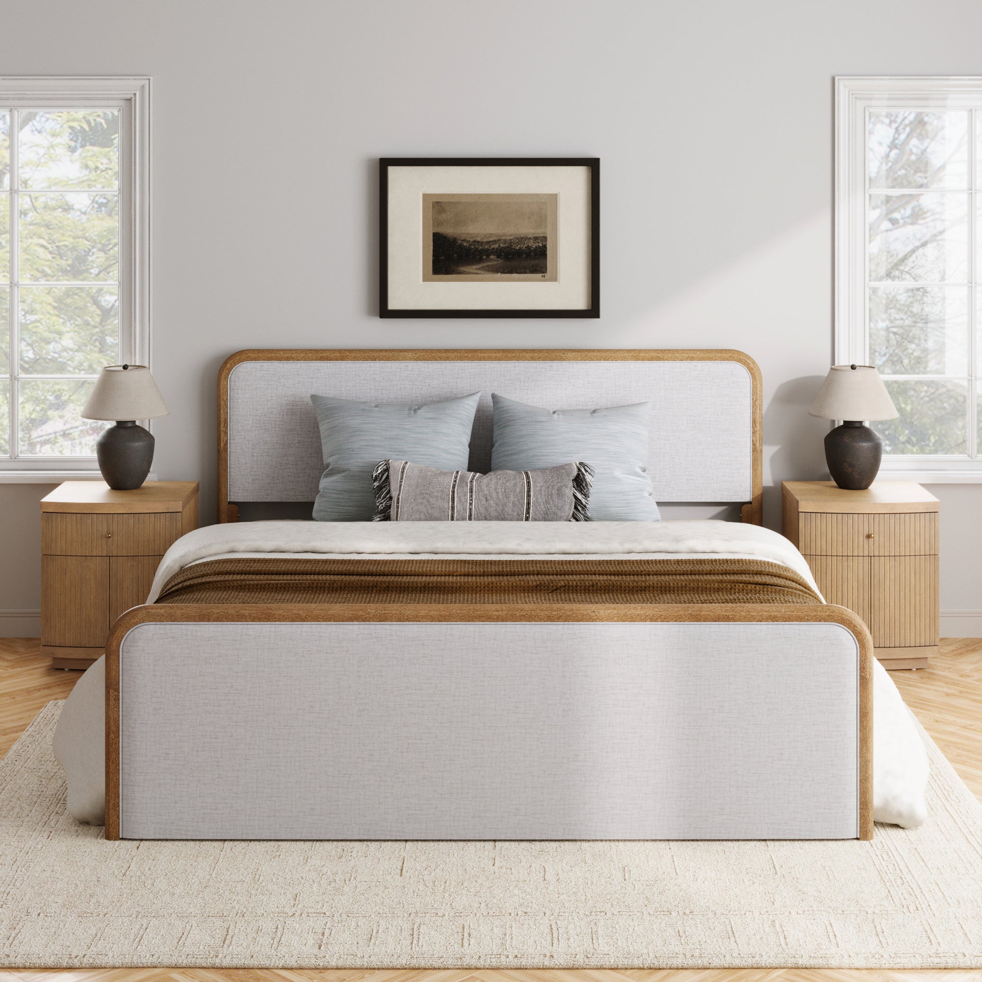 Mid Century Modern Bedroom Set with King Bed Frame and Fluted Nightstands Gray/Light Brown - Nathan James