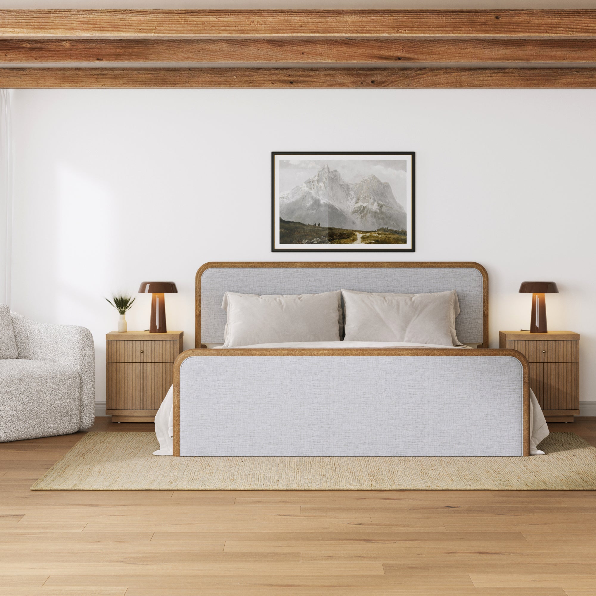 Mid Century Modern Bedroom Set with King Bed Frame and Fluted Nightstands Gray/Light Brown - Nathan James