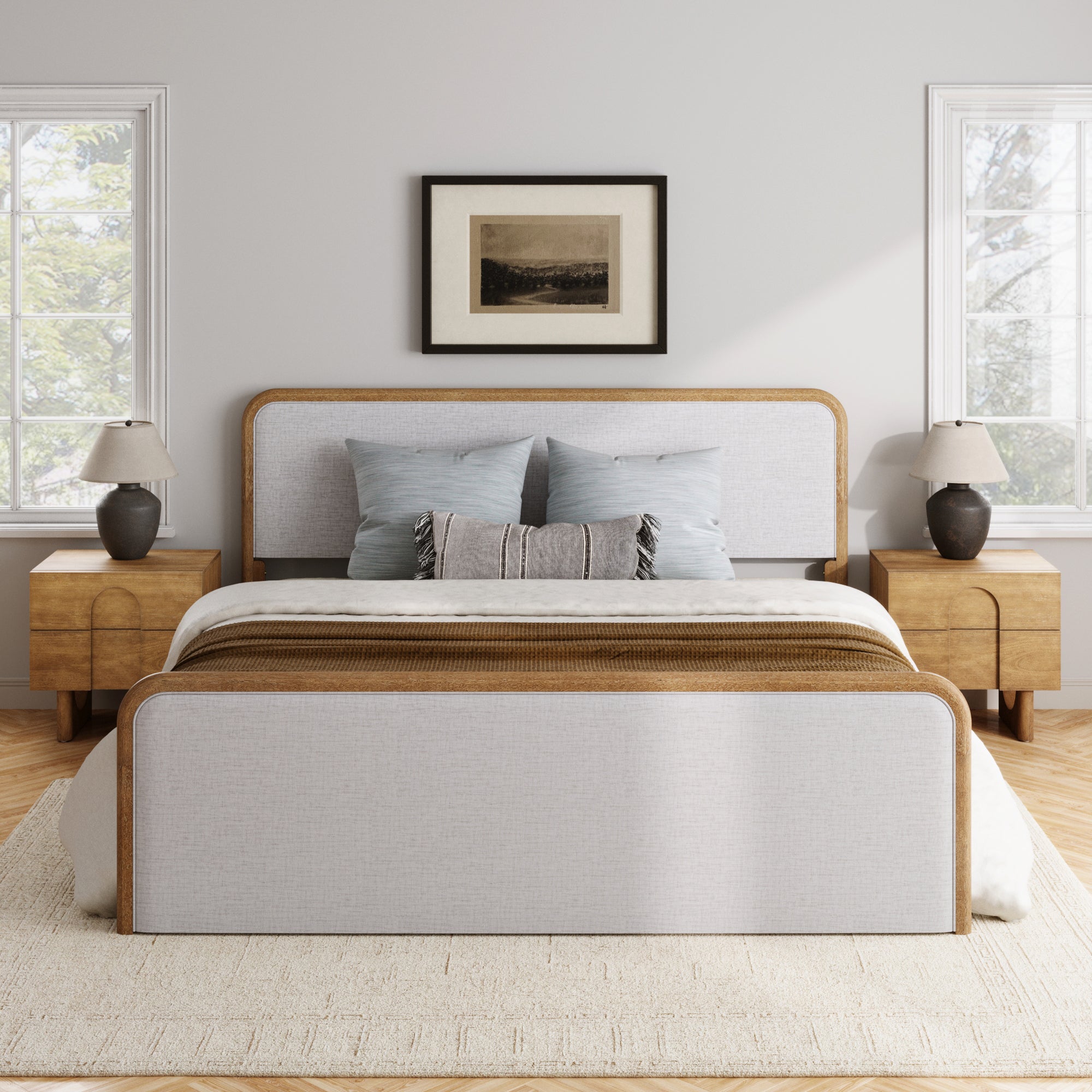 King Bedroom Set with Arched 2 - Drawer Nightstands Gray/Light Brown - Nathan James