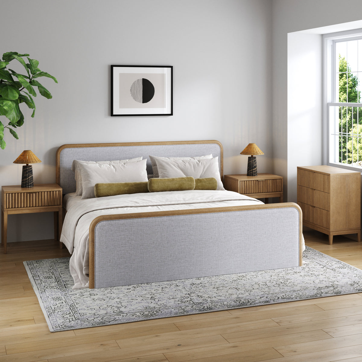 Fluted King Bed Frame with 1 Solid Wood Dresser and 2 Nightstands Set Gray/Light Brown