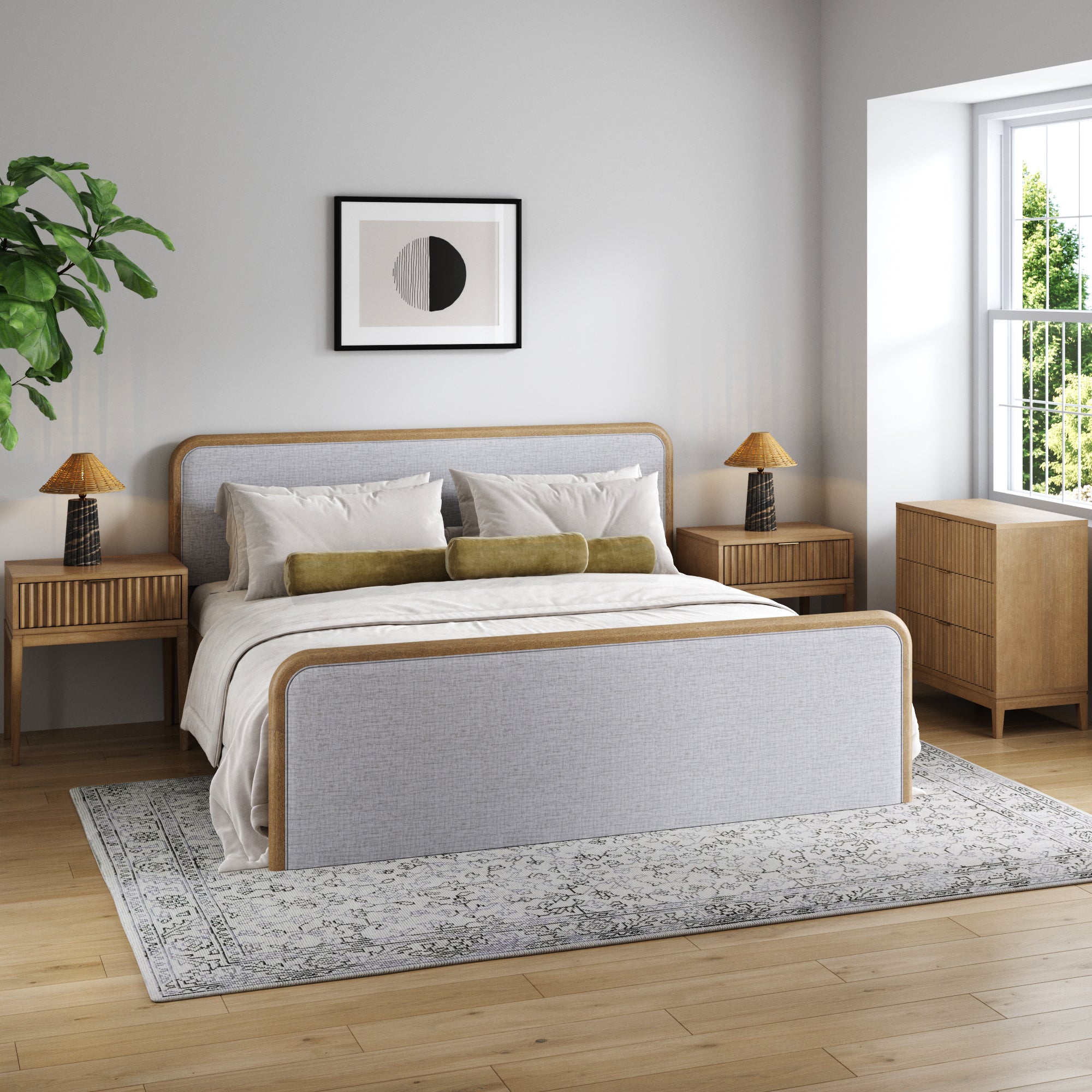 Fluted King Bed Frame with 1 Solid Wood Dresser and 2 Nightstands Set Gray/Light Brown - Nathan James