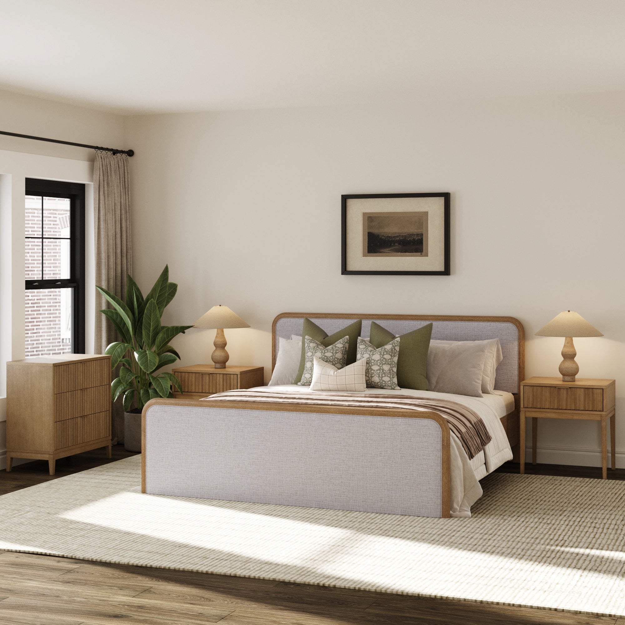 Fluted King Bed Frame with 1 Solid Wood Dresser and 2 Nightstands Set Gray/Light Brown - Nathan James