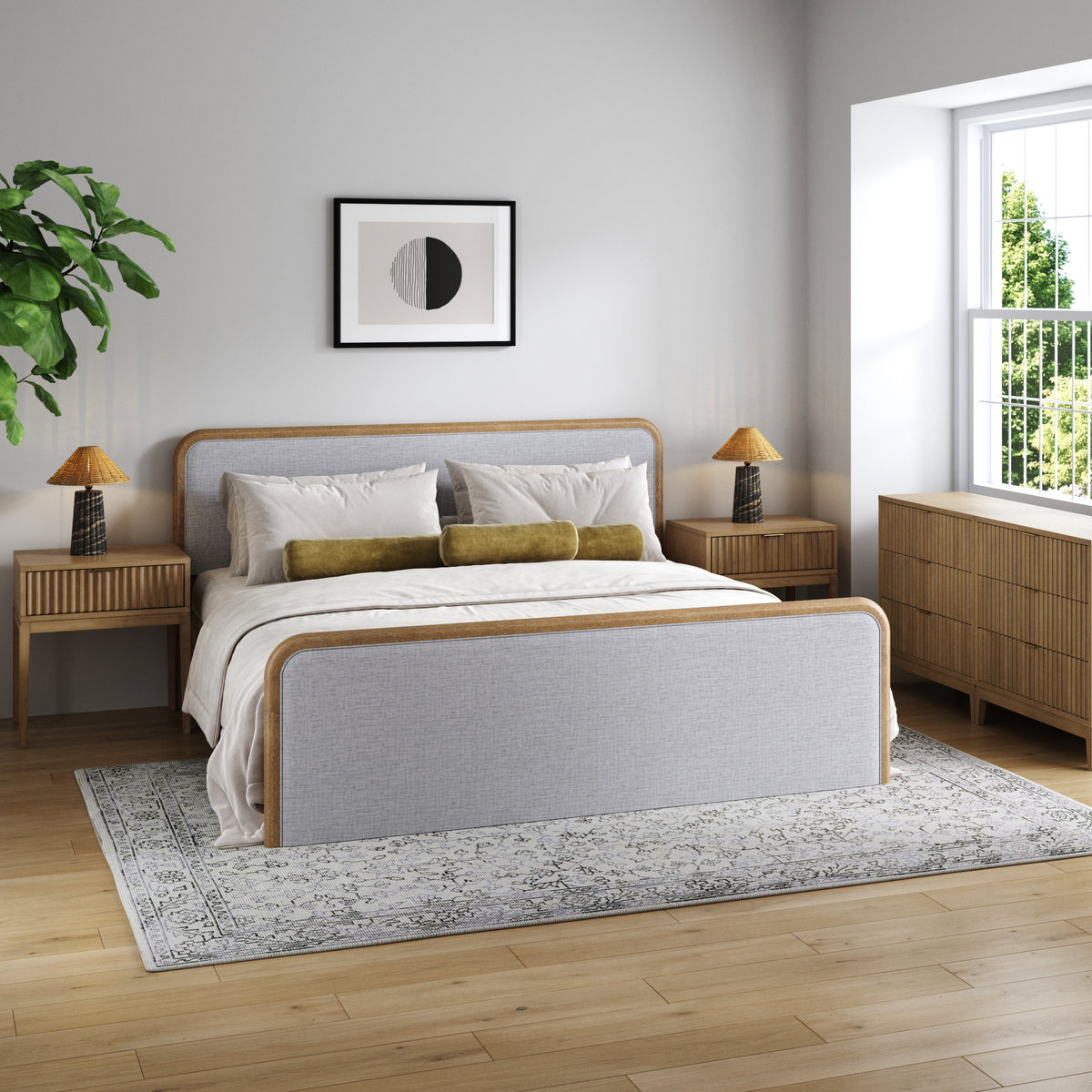 Fluted King Bed Frame with 2 Solid Wood Dressers and 2 Nightstands Set Gray/Light Brown