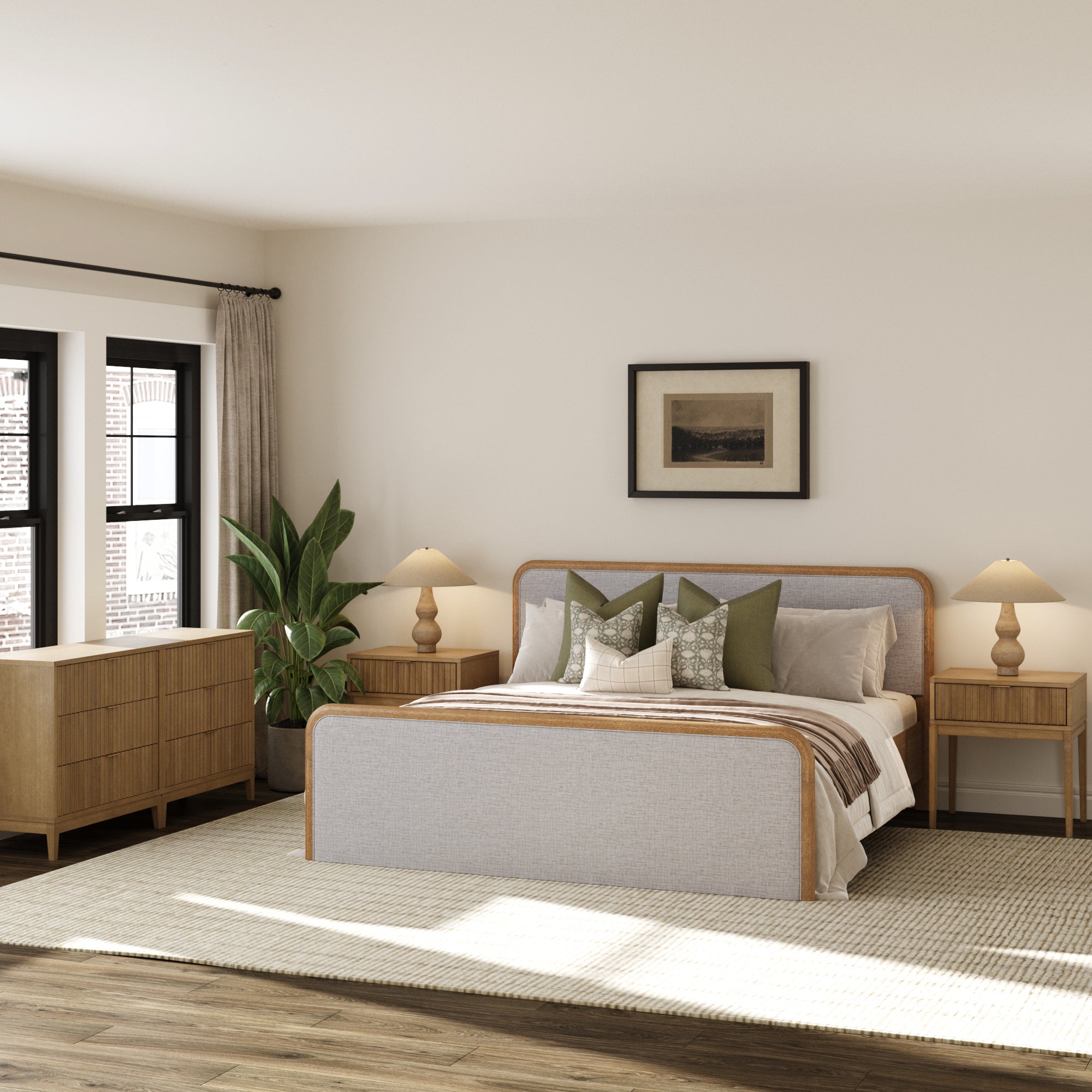 Fluted King Bed Frame with 2 Solid Wood Dressers and 2 Nightstands Set Gray/Light Brown - Nathan James