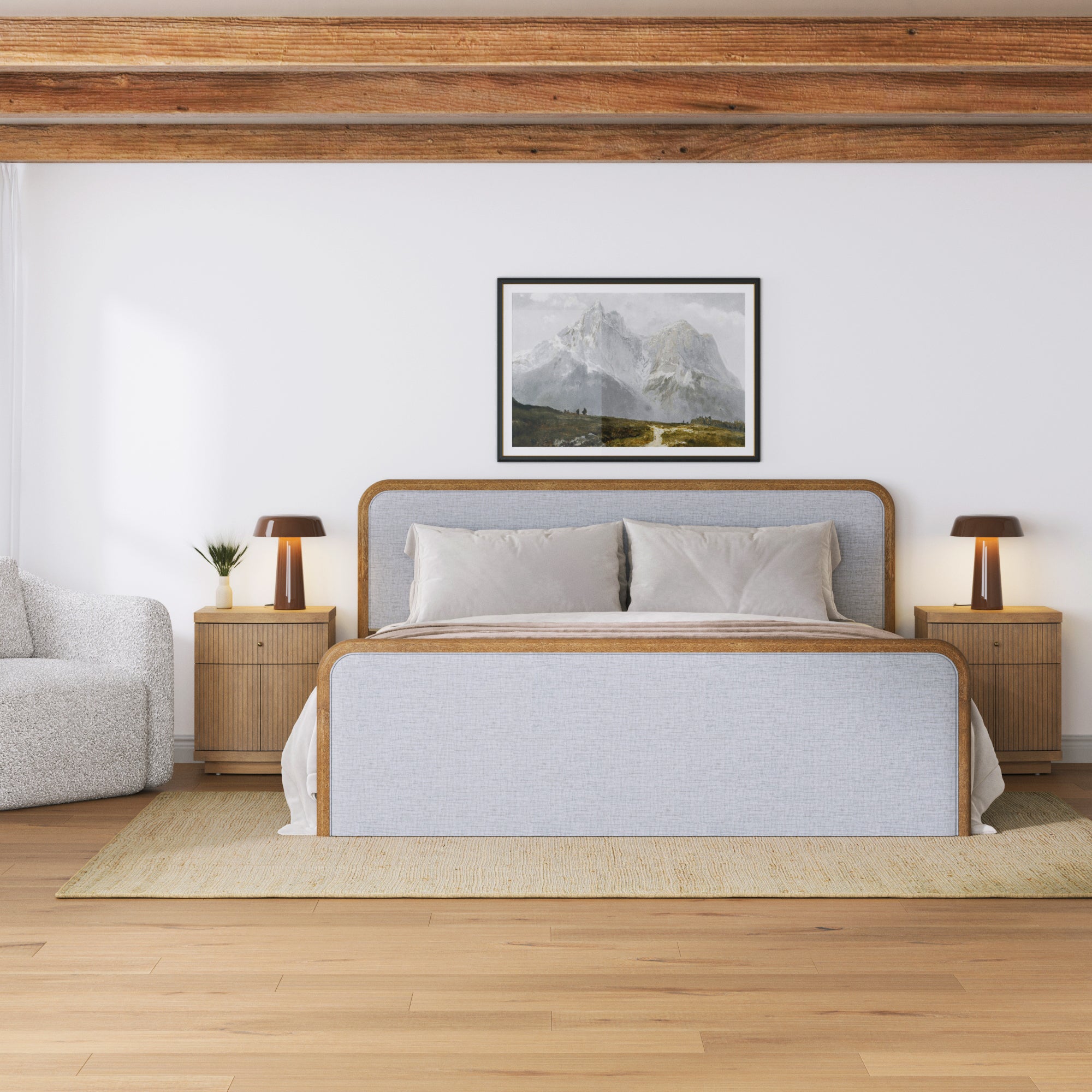 Mid Century Modern Bedroom Set with King Bed Frame and 2 Fluted Nightstands Gray/Light Brown - Nathan James