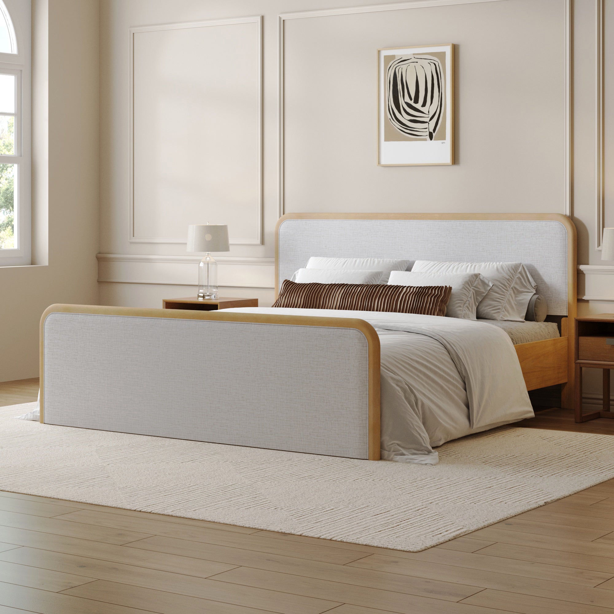 King Rounded Solid Wood Bed Frame in Feather Gray Upholstery - Nathan James