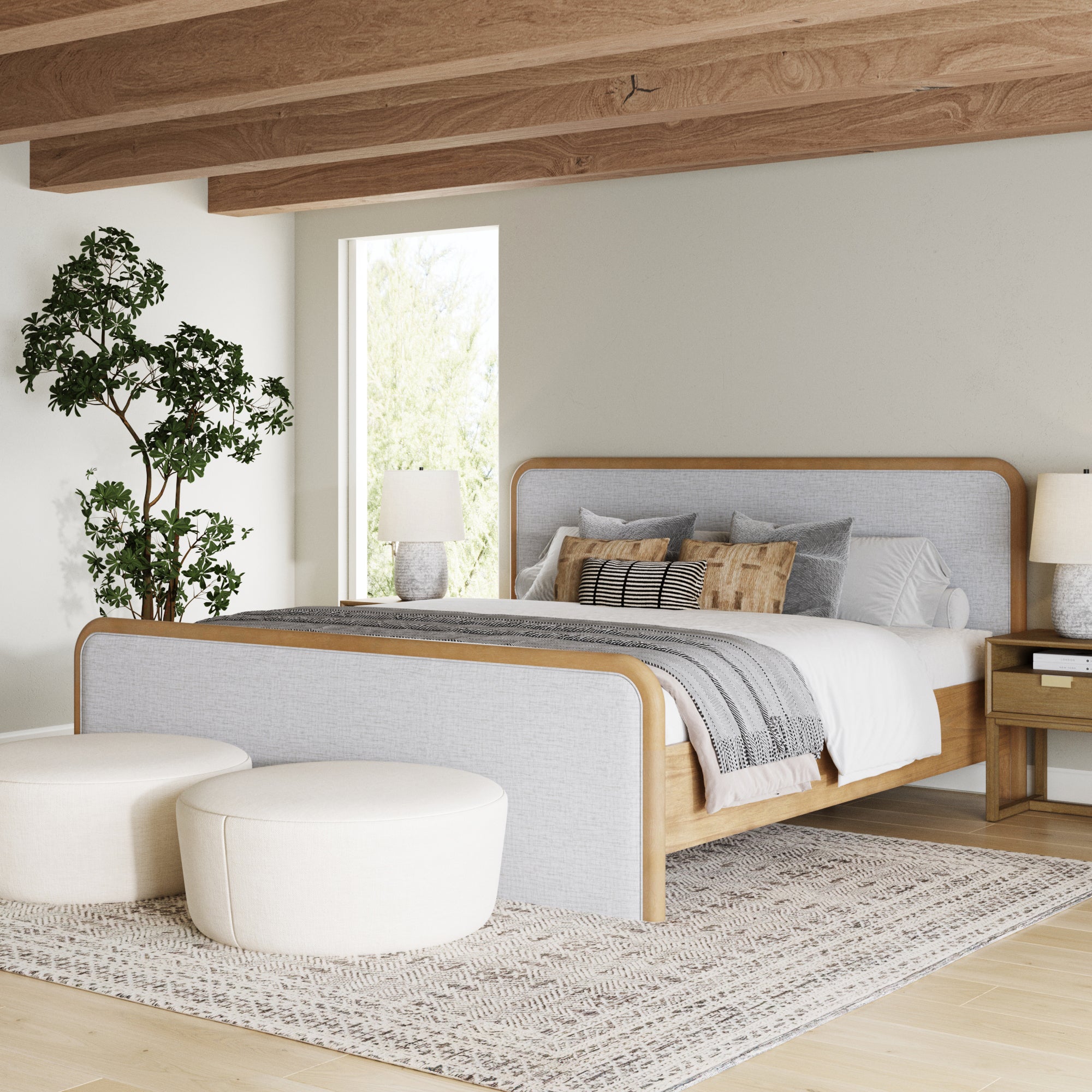 King Rounded Solid Wood Bed Frame in Feather Gray Upholstery - Nathan James