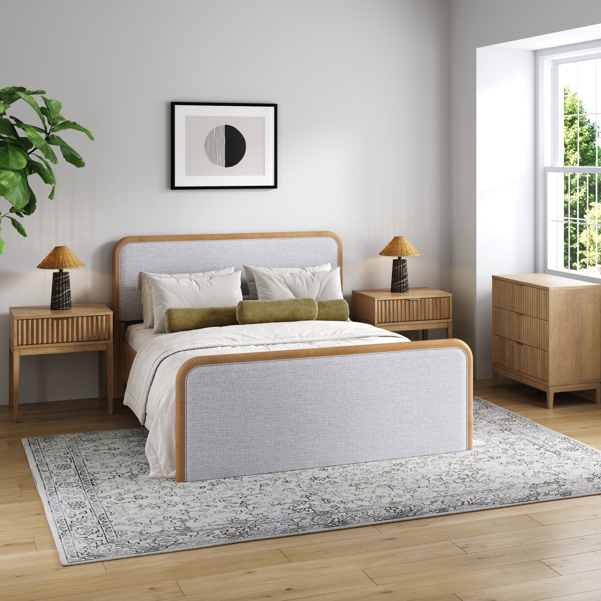 Fluted Queen Bed Frame with 1 Solid Wood Dresser and 2 Nightstands Set Gray/Light Brown - Nathan James