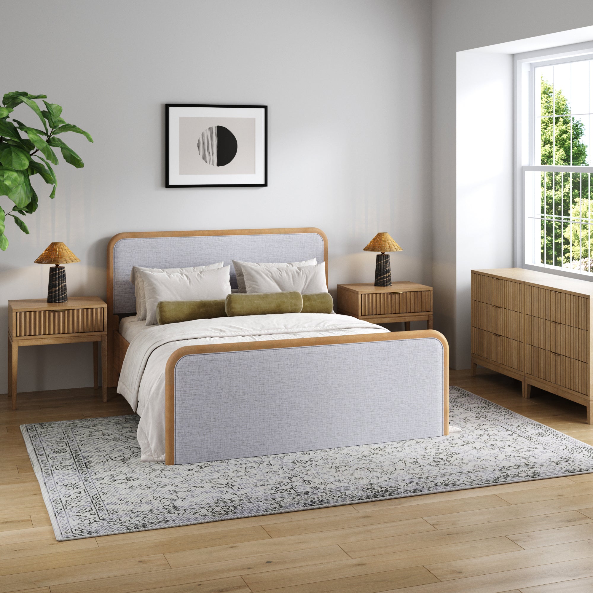 Fluted Queen Bed Frame with 2 Solid Wood Dressers and 2 Nightstands Set Gray/Light Brown - Nathan James