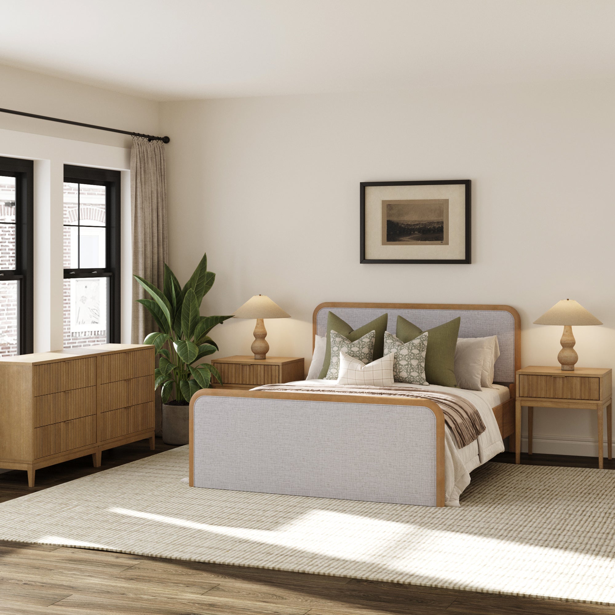 Fluted Queen Bed Frame with 2 Solid Wood Dressers and 2 Nightstands Set Gray/Light Brown - Nathan James
