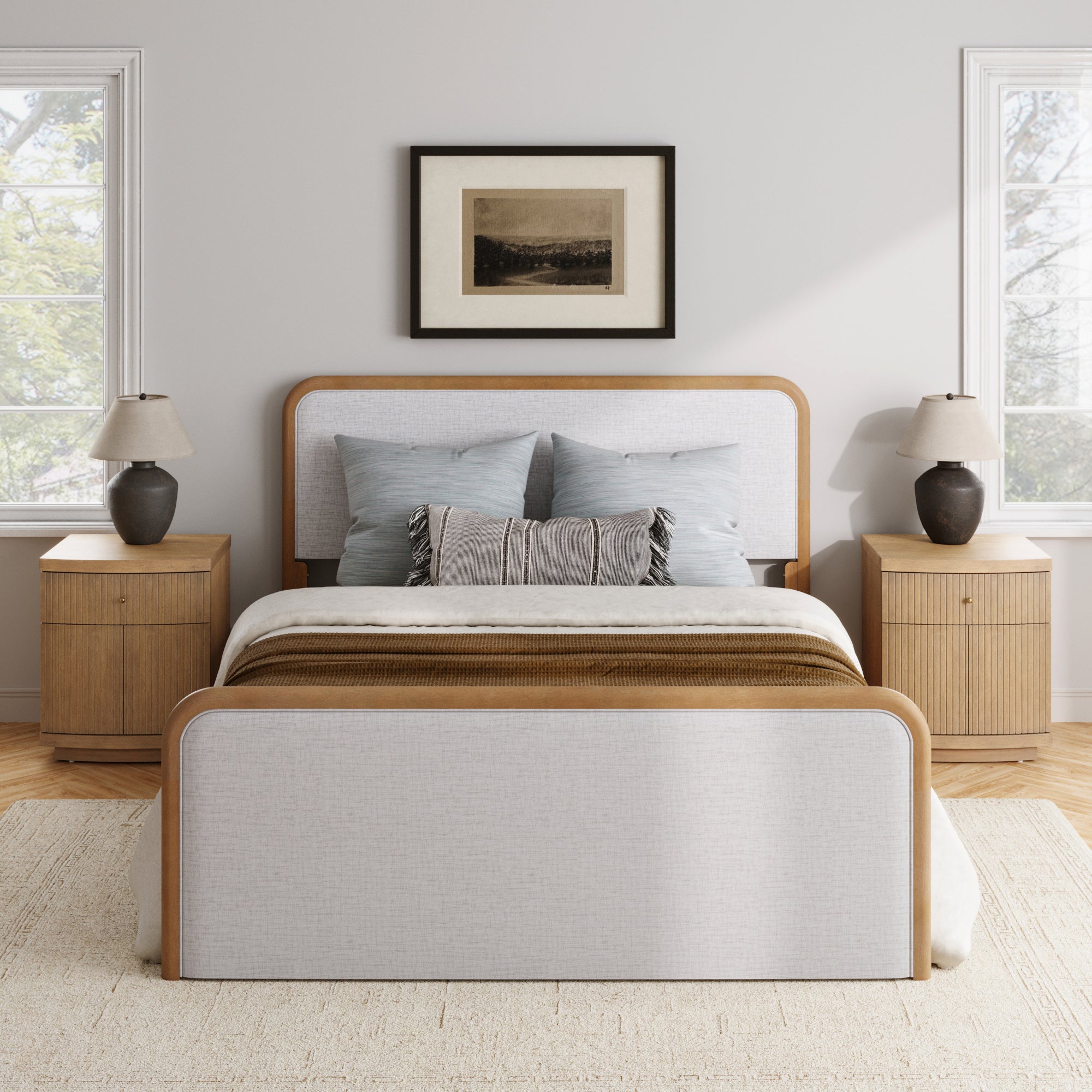 Mid Century Modern Bedroom Set with Queen Bed Frame and Fluted Nightstands Gray/Light Brown - Nathan James