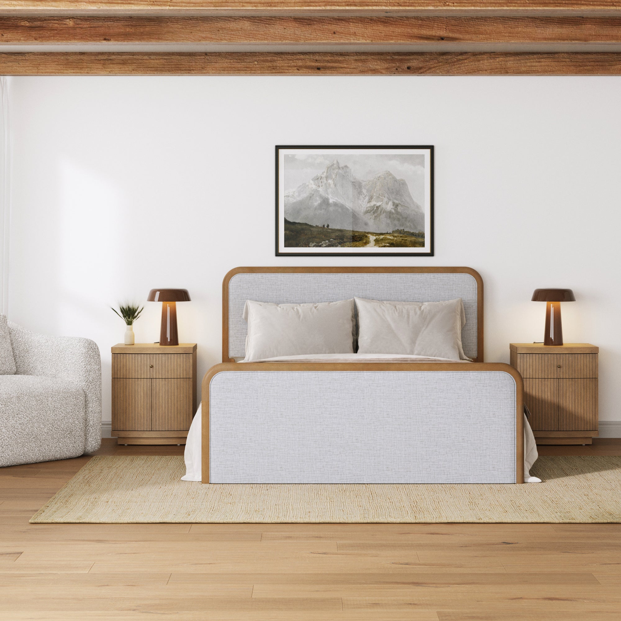 Mid Century Modern Bedroom Set with Queen Bed Frame and Fluted Nightstands Gray/Light Brown - Nathan James