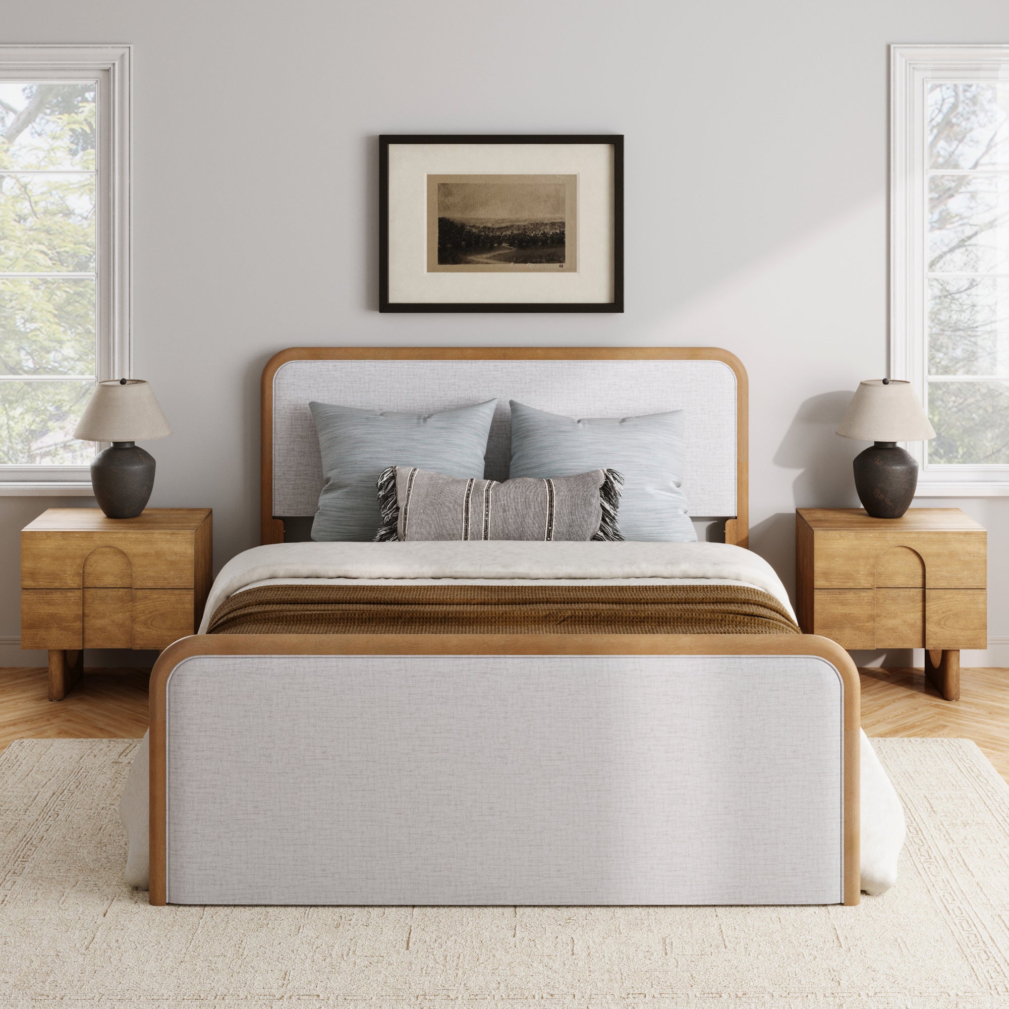 Queen Bedroom Set with Arched 2 - Drawer Nightstands Gray/Light Brown - Nathan James