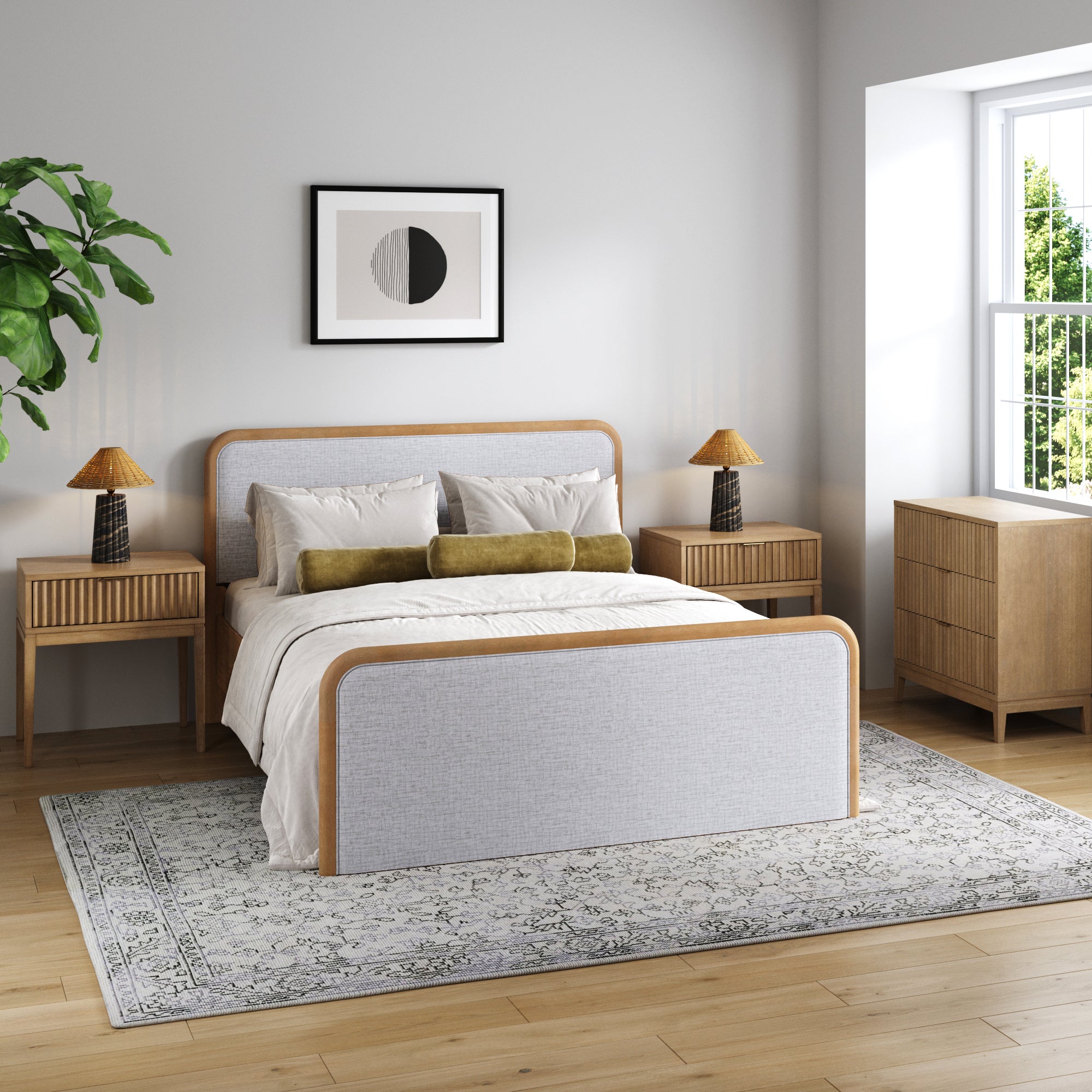 Fluted Queen Bed Frame with 1 Solid Wood Dresser and 2 Nightstands Set Gray/Light Brown - Nathan James