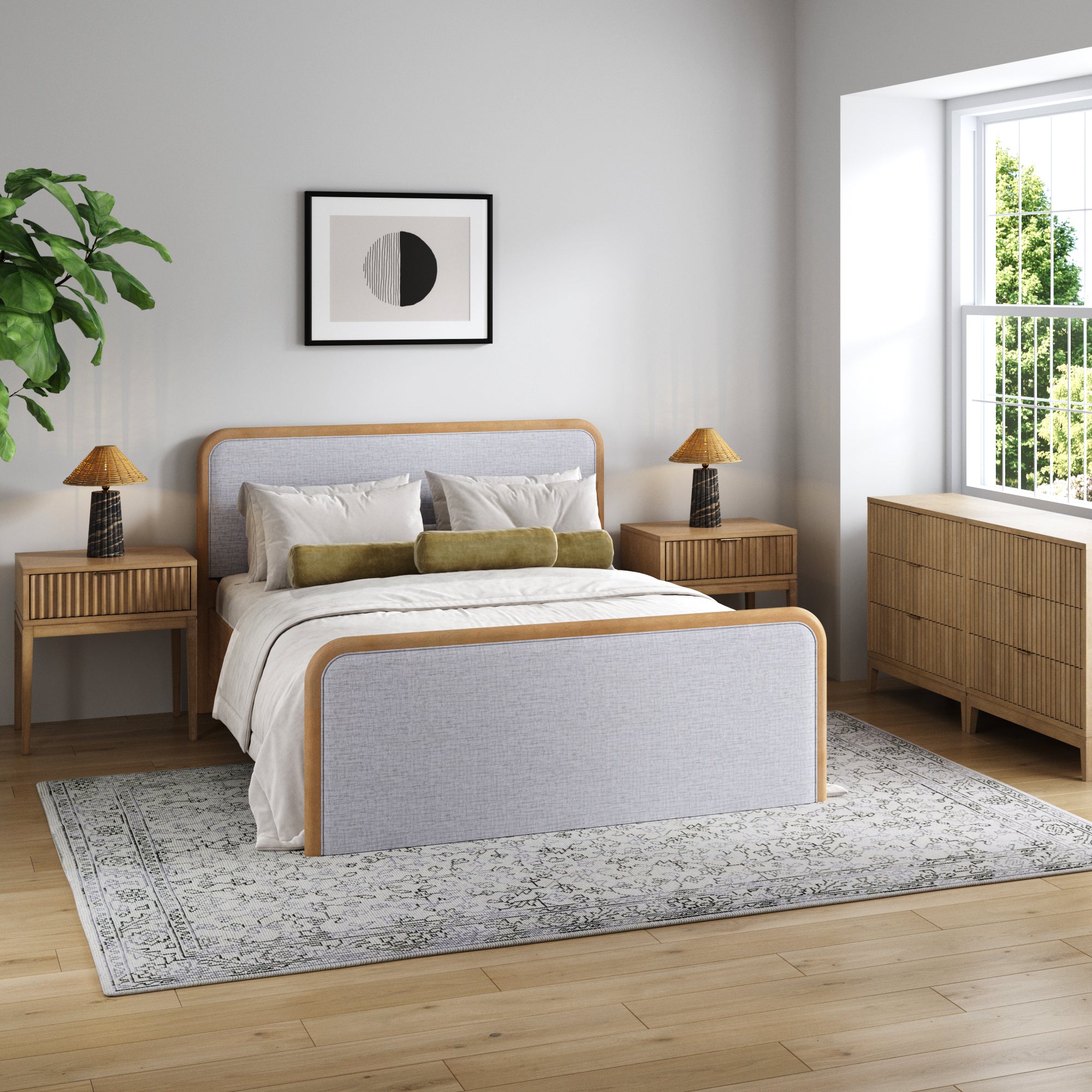 Fluted Queen Bed Frame with 2 Solid Wood Dressers and 2 Nightstands Set Gray/Light Brown - Nathan James