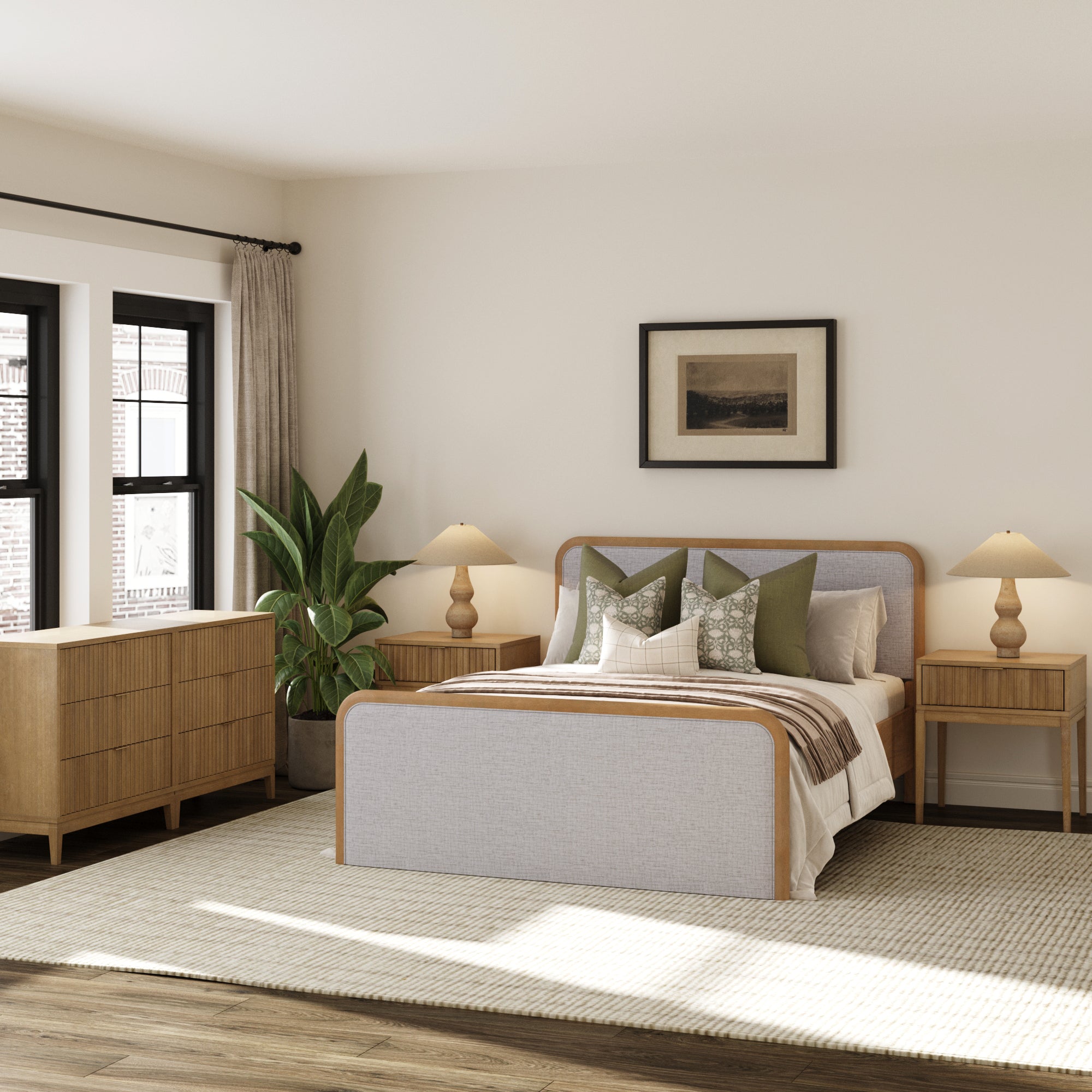 Fluted Queen Bed Frame with 2 Solid Wood Dressers and 2 Nightstands Set Gray/Light Brown - Nathan James