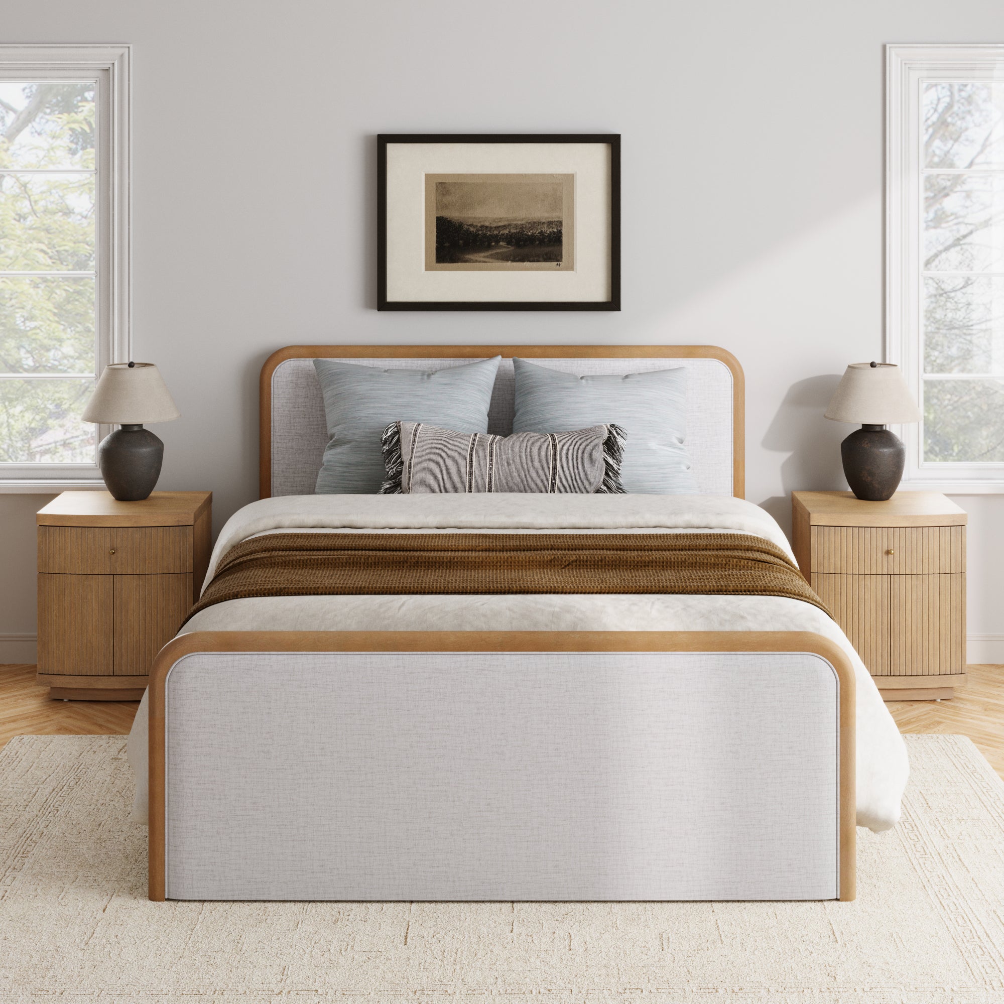 Mid Century Modern Bedroom Set with Queen Bed Frame and 2 Fluted Nightstands Gray/Light Brown - Nathan James