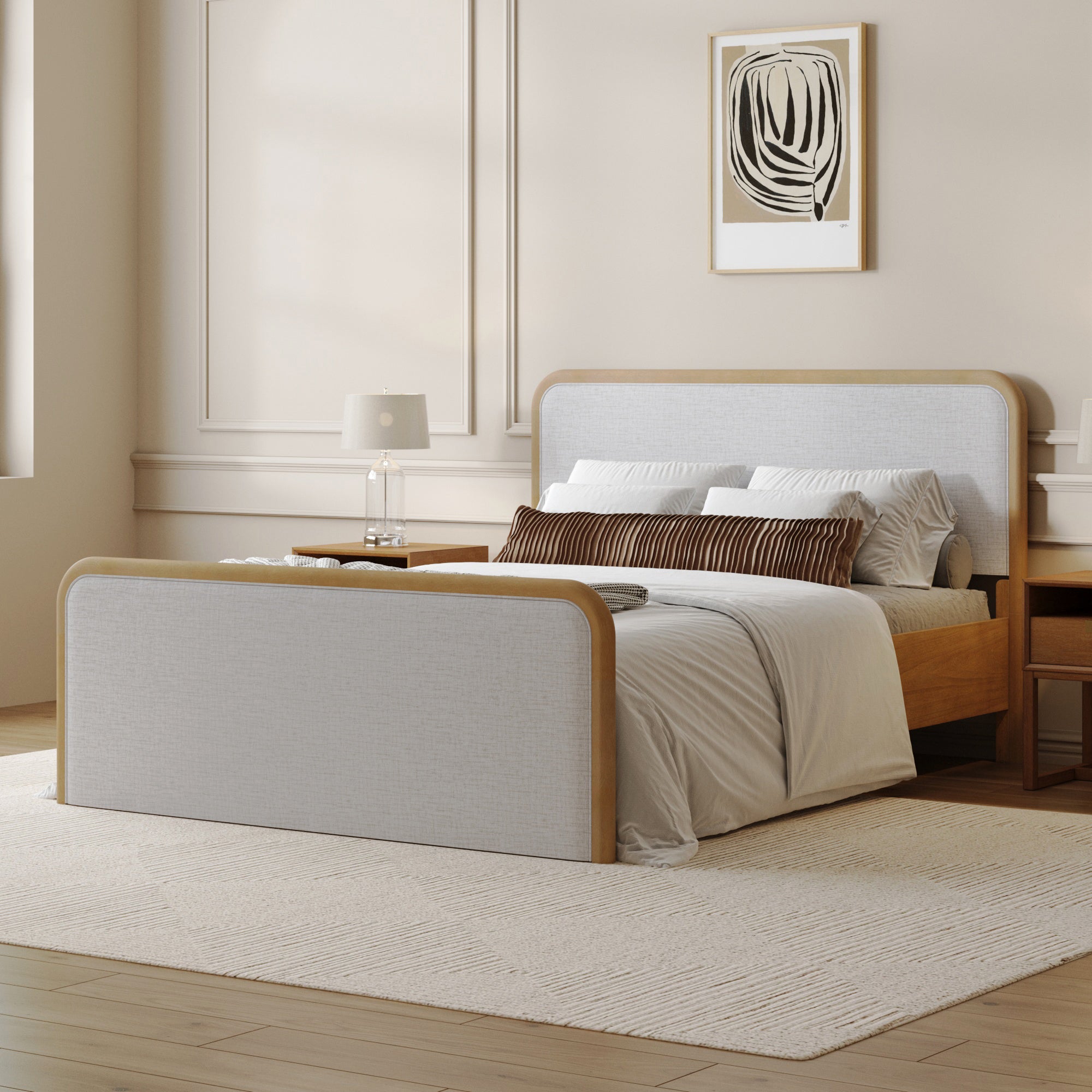 Queen Rounded Solid Wood Bed Frame in Feather Gray Upholstery - Nathan James