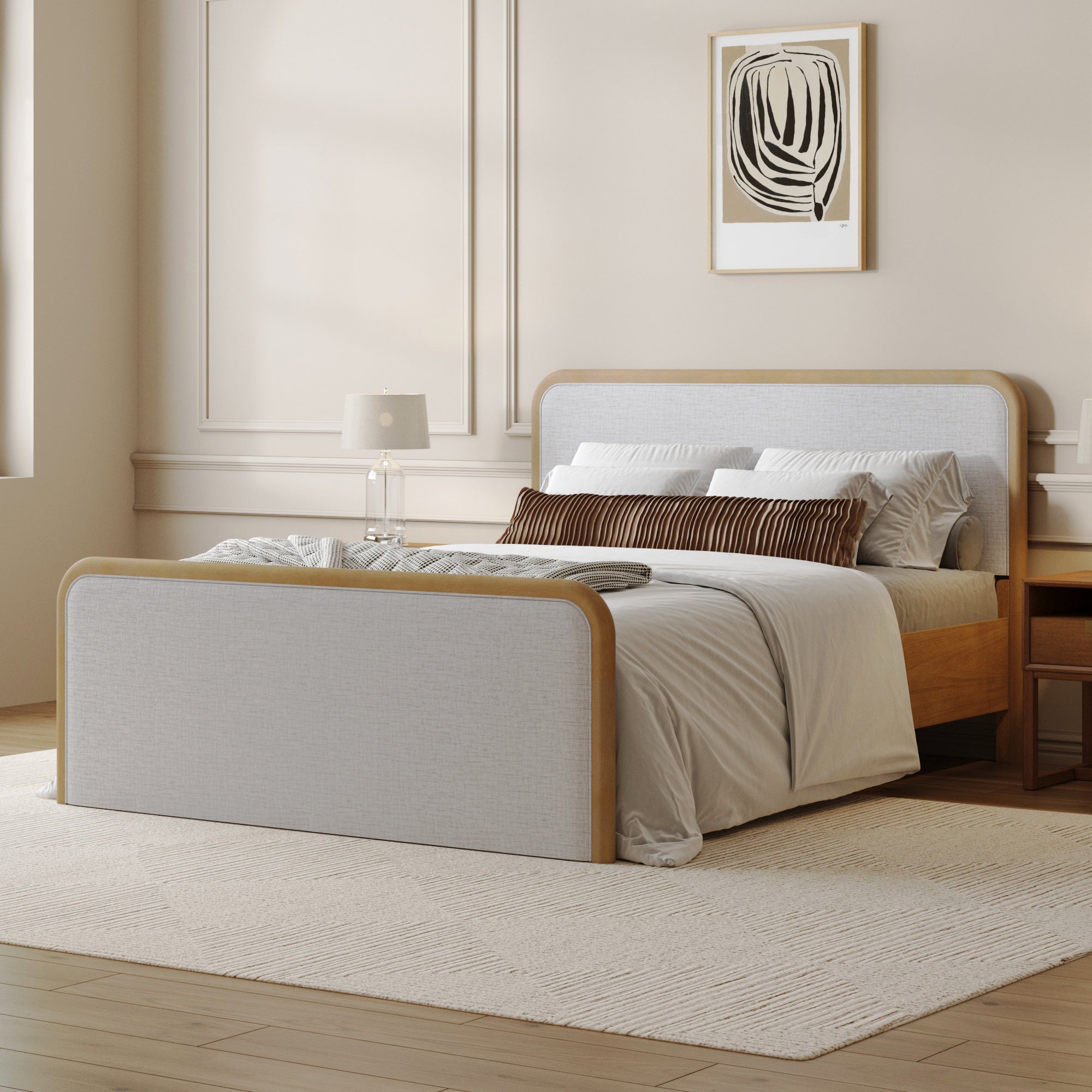 Queen Rounded Solid Wood Bed Frame in Feather Gray Upholstery - Nathan James