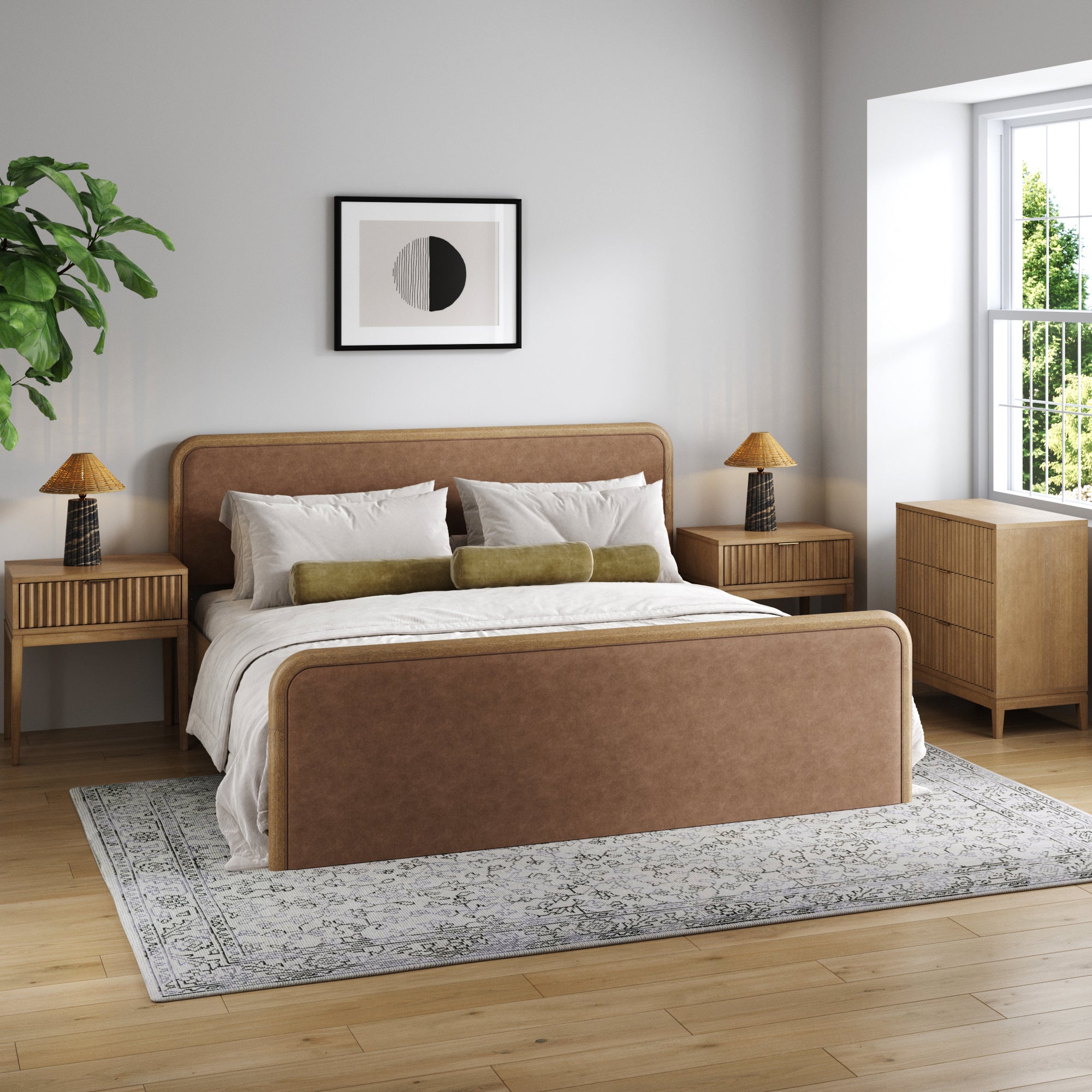 Rounded Faux Leather King Bed Frame with 1 Fluted Dresser and 2 Nightstands Set Light Brown - Nathan James