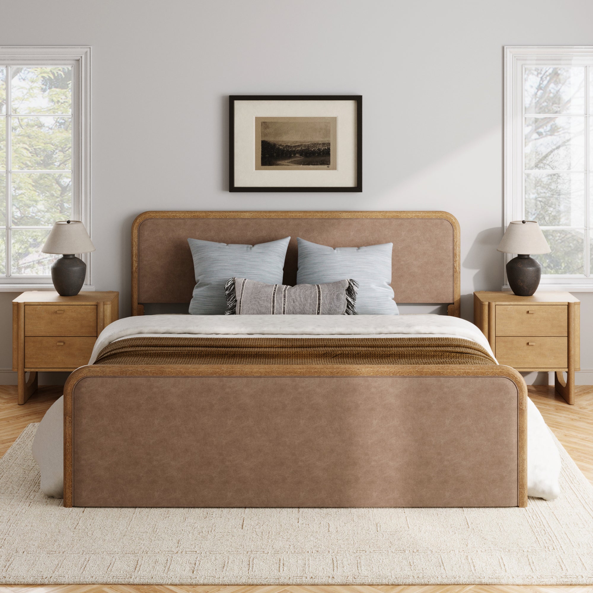 King Rounded Faux Leather Bed Frame with 2 - Drawer Nightstands Light Brown - Nathan James