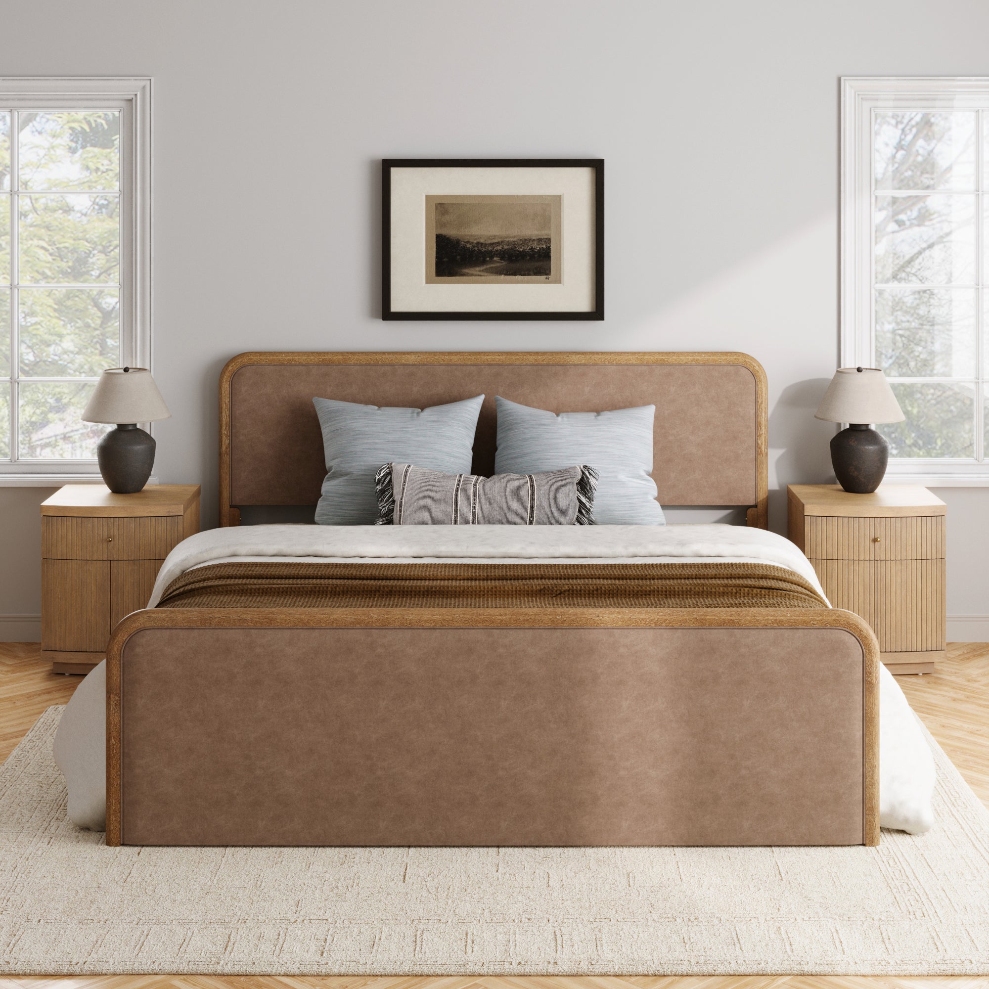 King Rounded Faux Leather Bed Frame with 2 Fluted Nightstands with Storage Light Brown - Nathan James