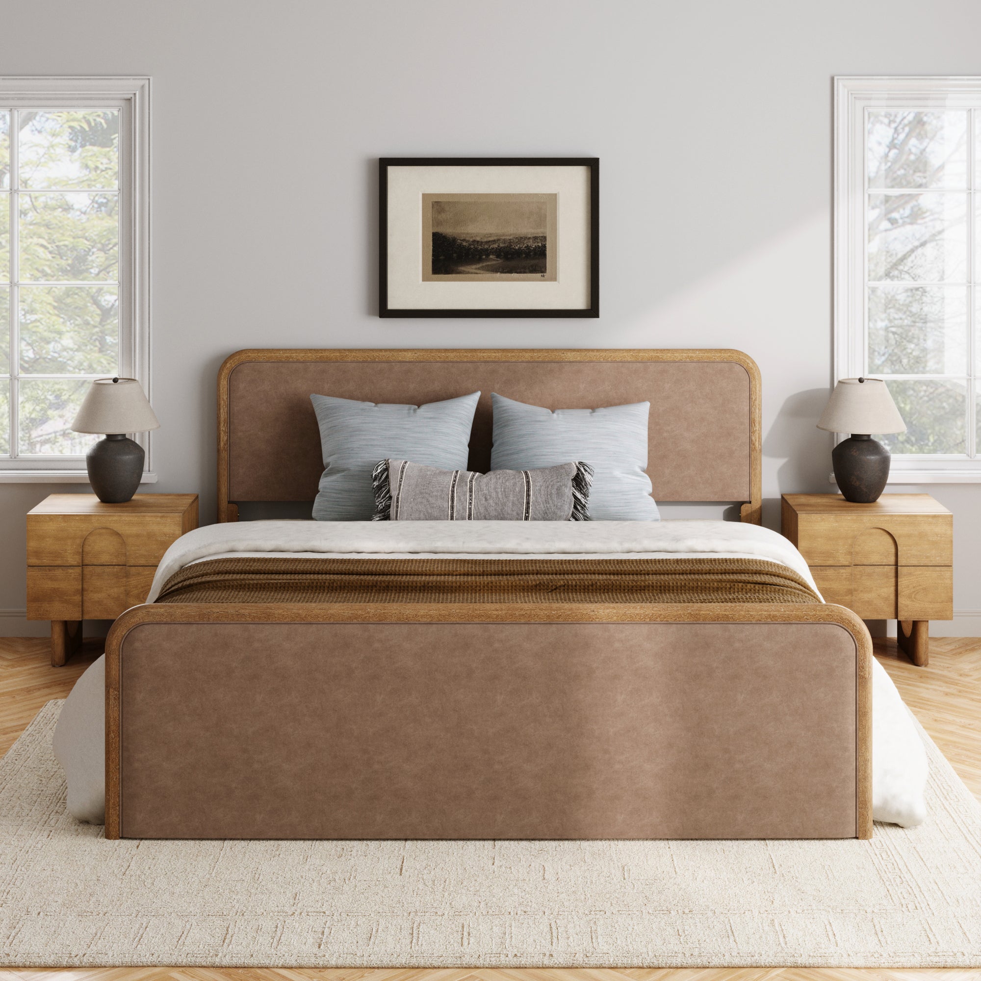 King Rounded Faux Leather Bed Frame with 2 Nightstands with Drawer Light Brown - Nathan James