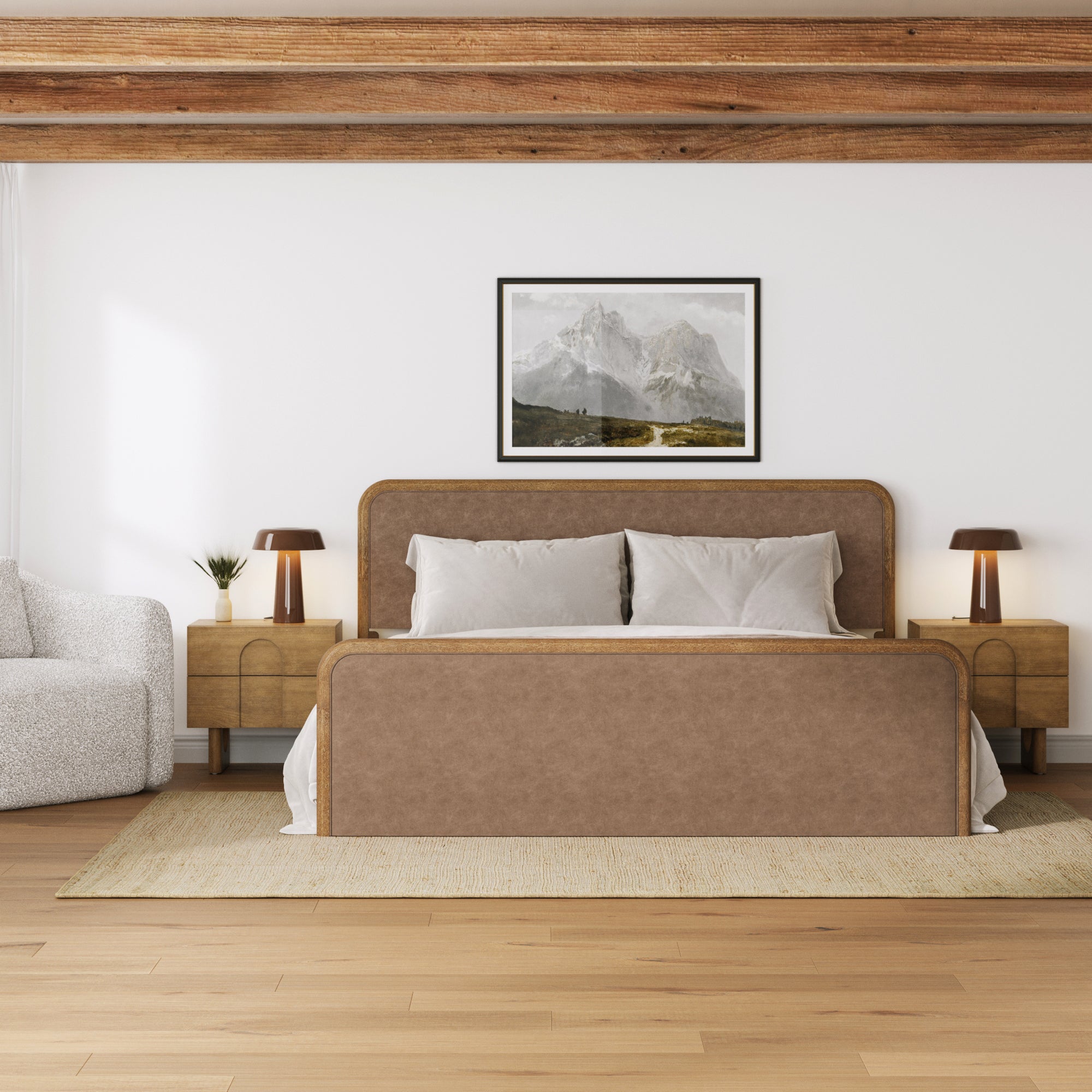 King Rounded Faux Leather Bed Frame with 2 Nightstands with Drawer Light Brown - Nathan James