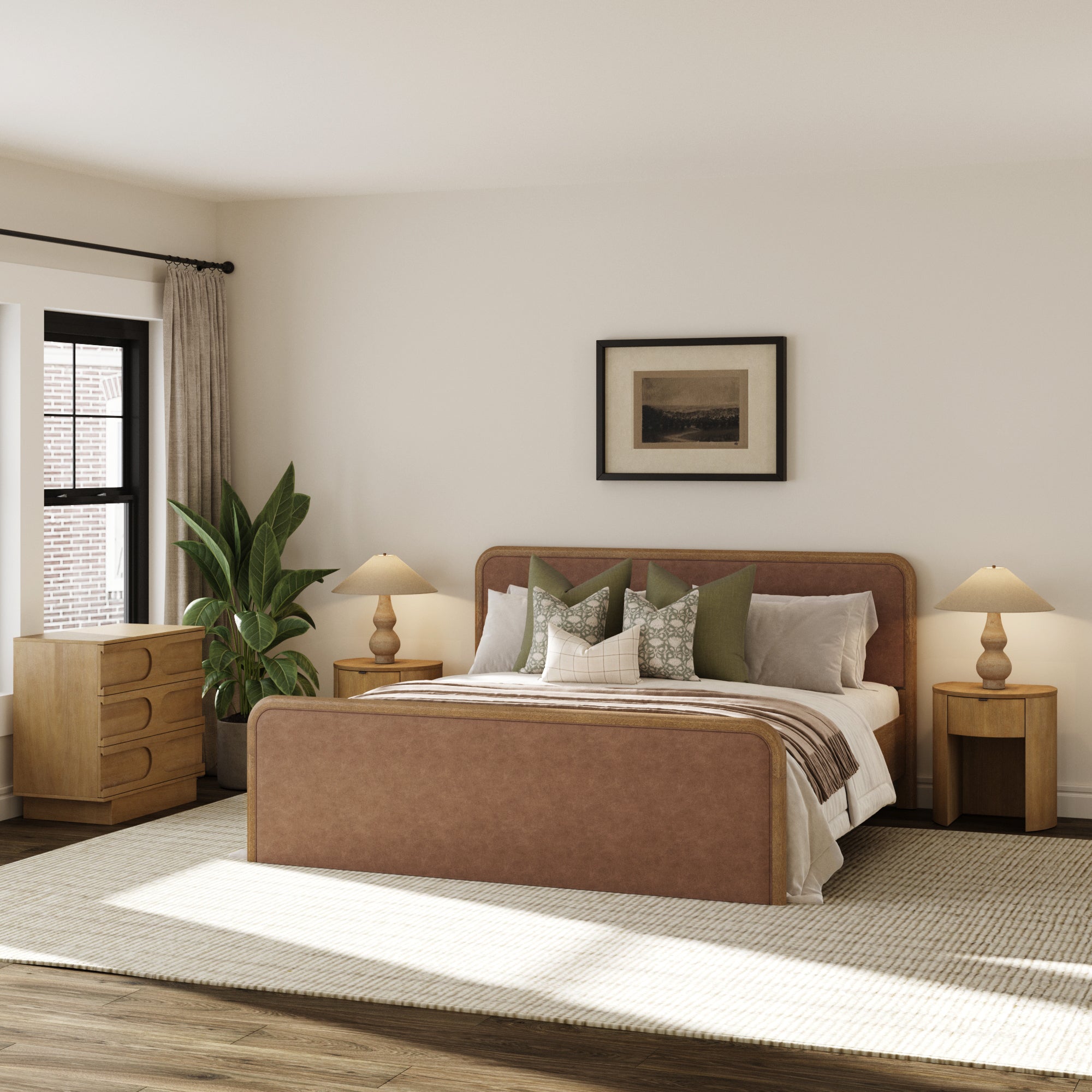 Rounded Faux Leather King Bed Frame with 1 Arched Dresser and 2 Nightstands Set Light Brown - Nathan James