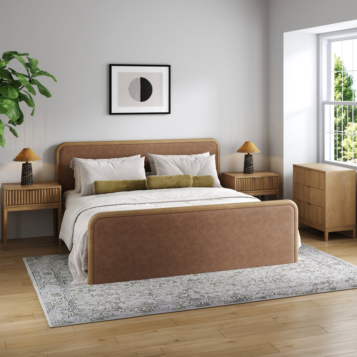 Rounded Faux Suede King Bed Frame with 1 Fluted Dresser and 2 Nightstands Set Light Brown