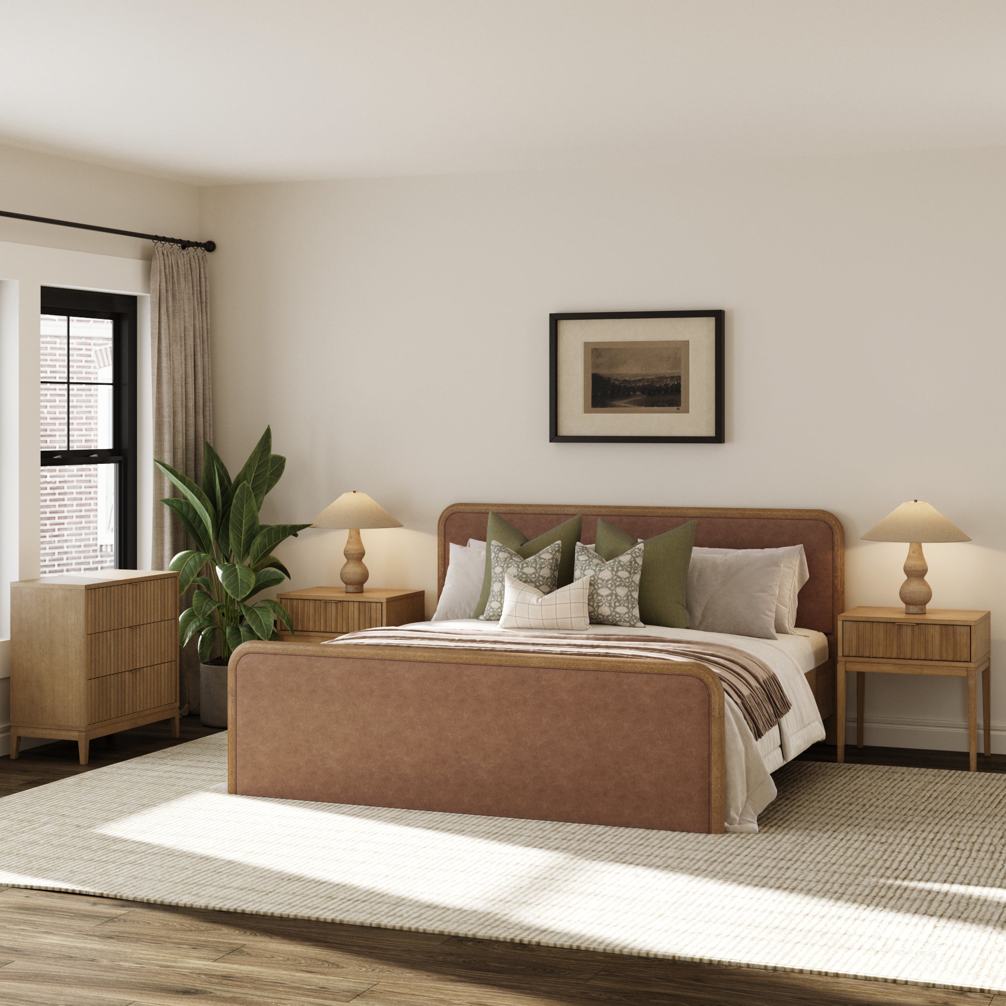 Rounded Faux Leather King Bed Frame with 1 Fluted Dresser and 2 Nightstands Set Light Brown - Nathan James