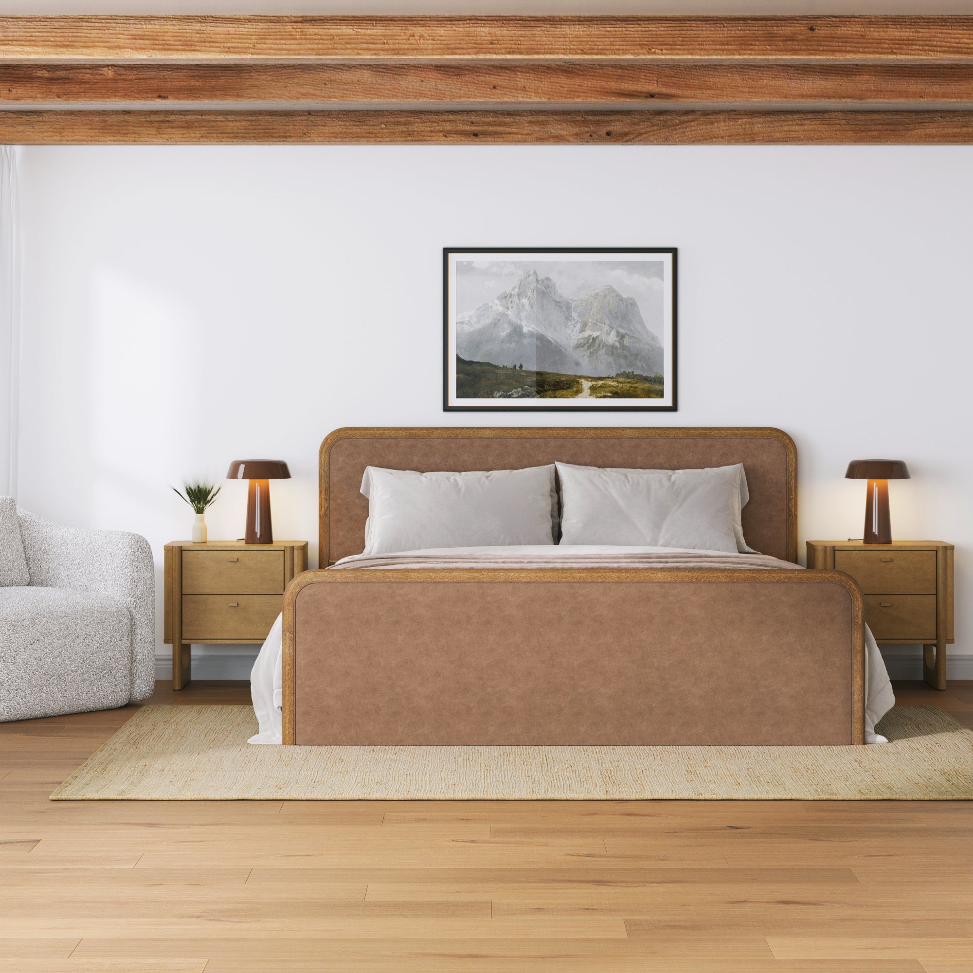 King Rounded Faux Leather Bed Frame with 2 Nightstands Light Brown - Nathan James