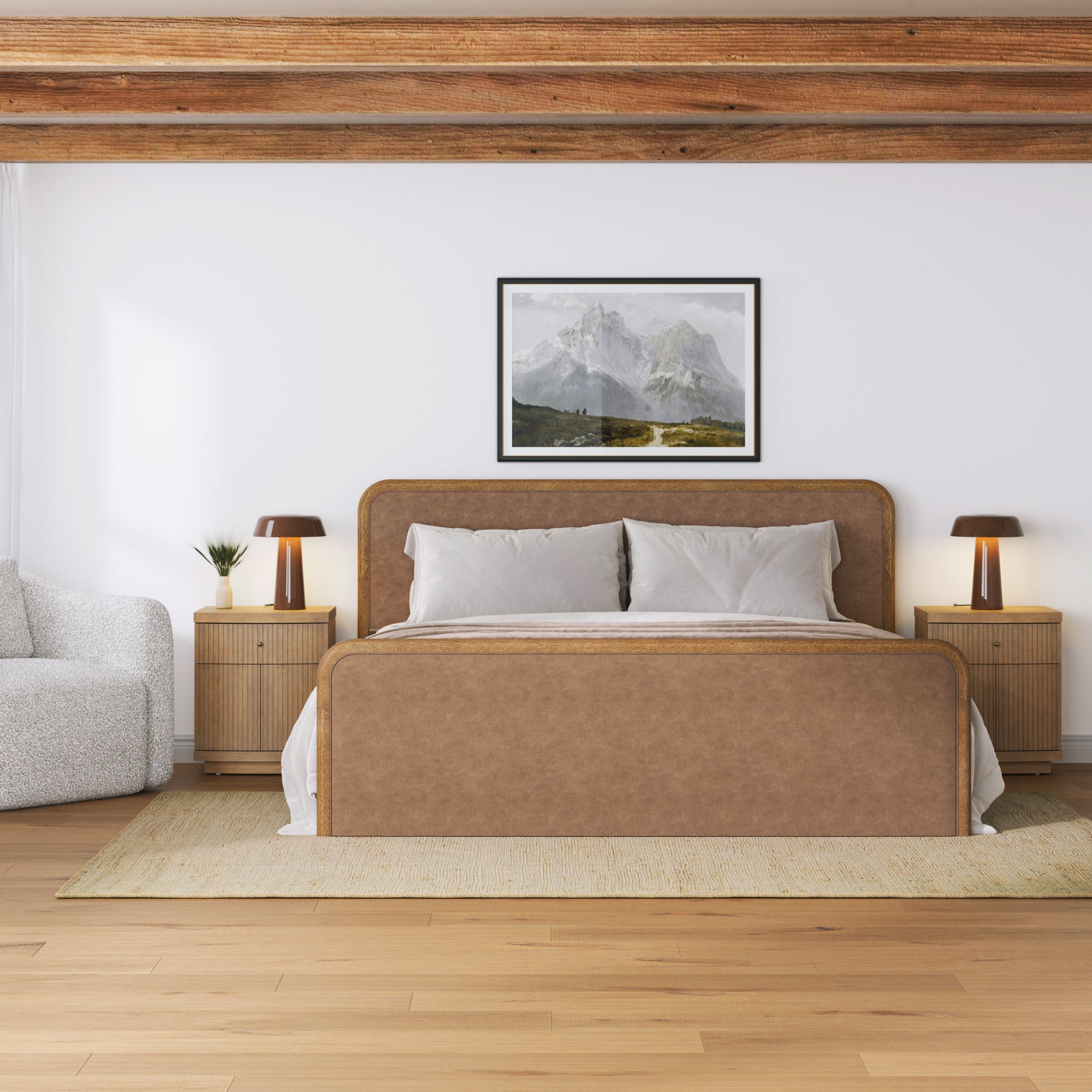 King Rounded Faux Leather Bed Frame with 2 Fluted Nightstands with Storage Light Brown - Nathan James