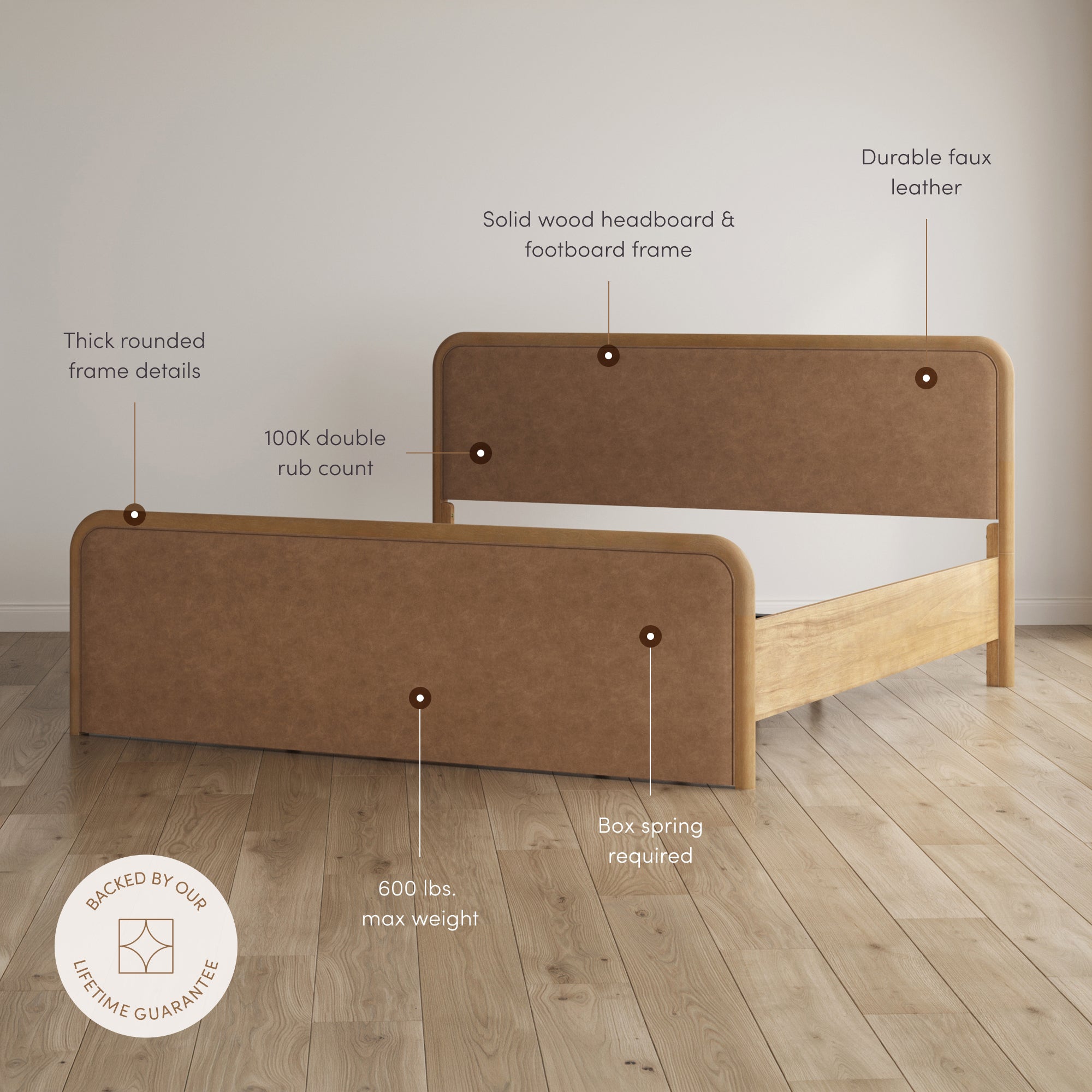 King Rounded Faux Leather Bed Frame with 2 Nightstands Light Brown - Nathan James