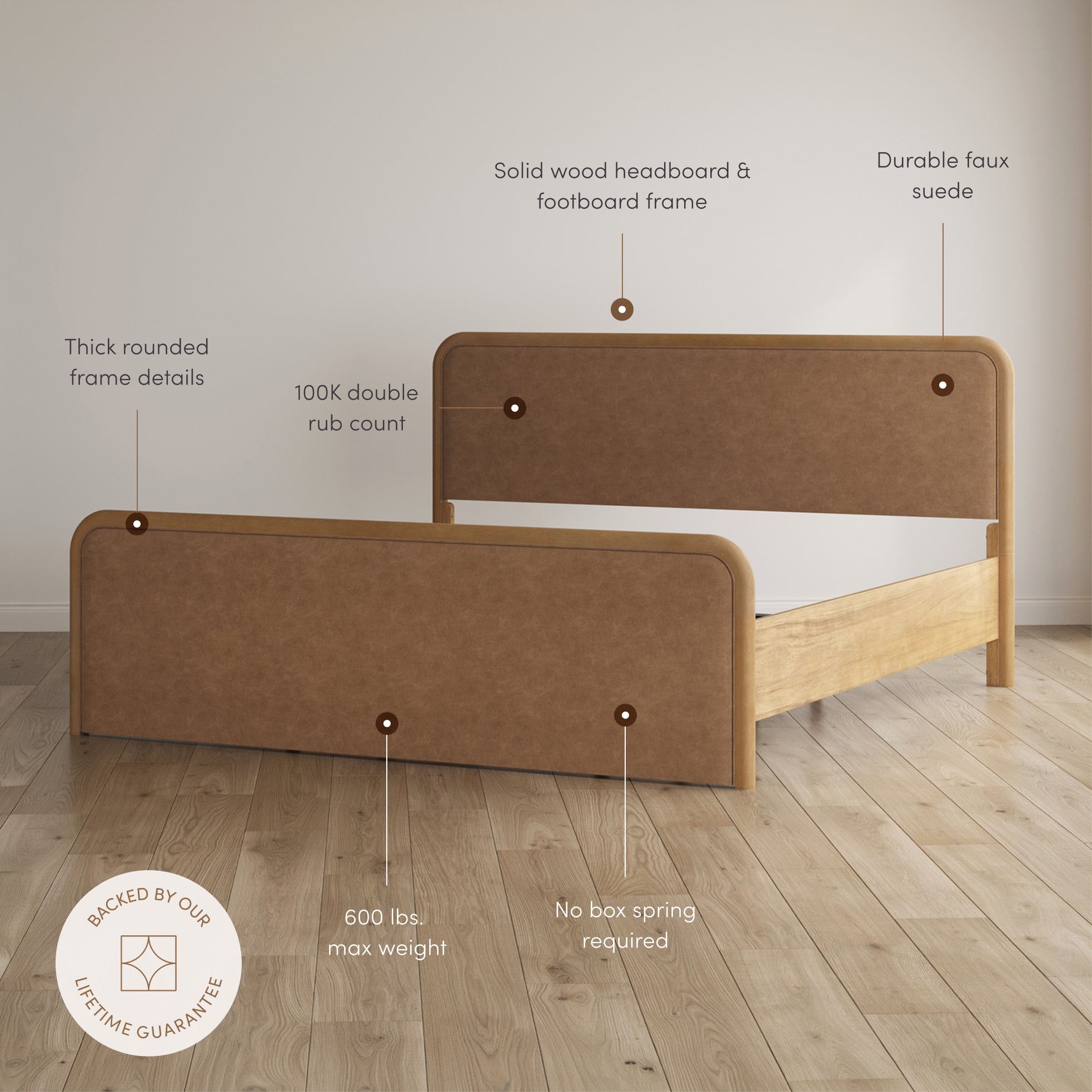 King Rounded Faux Suede Bed Frame with 2 Nightstands Light Brown - Nathan James