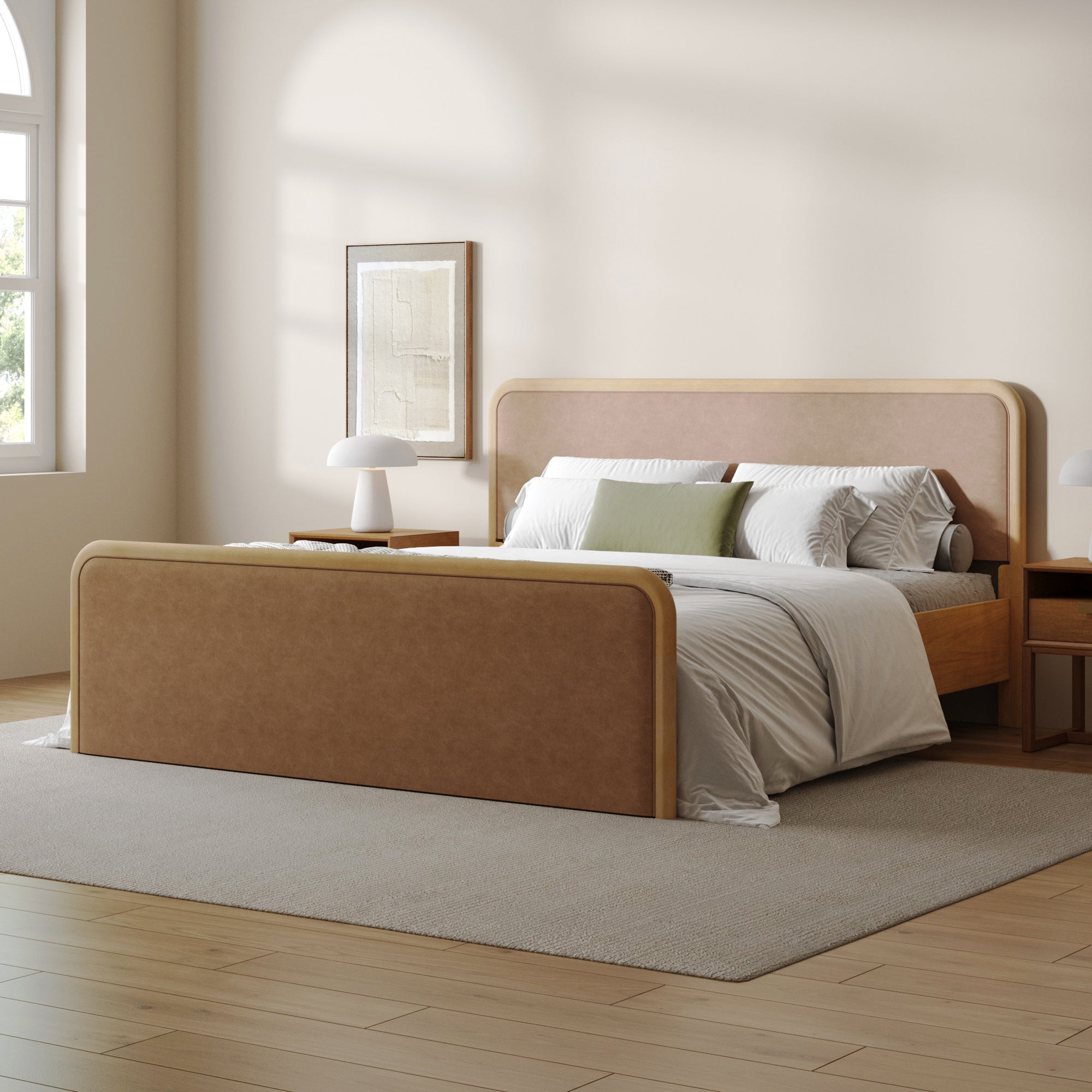 King Rounded Solid Wood Bed Frame in Light Brown Faux Leather - Nathan James
