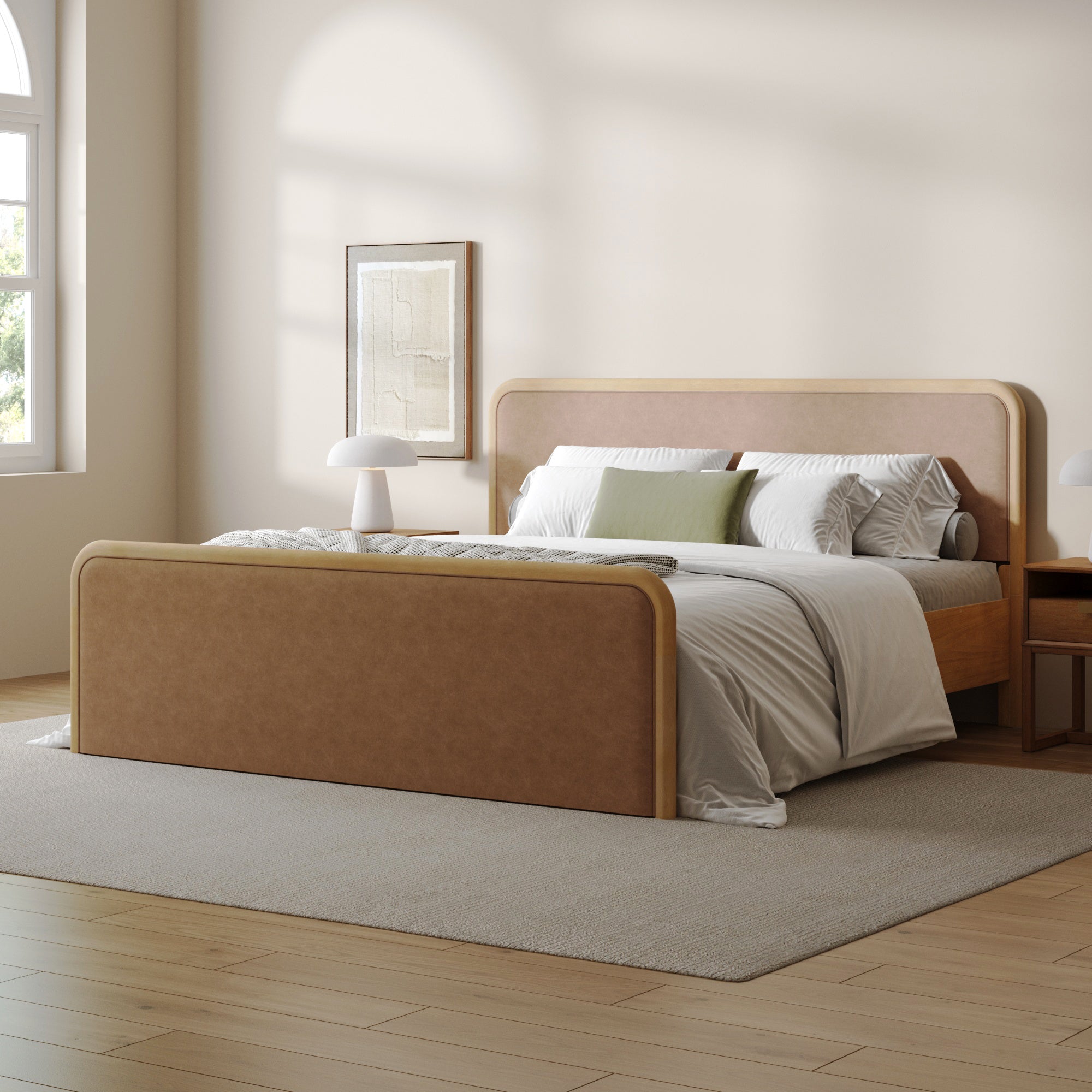 King Rounded Solid Wood Bed Frame in Light Brown Faux Leather - Nathan James
