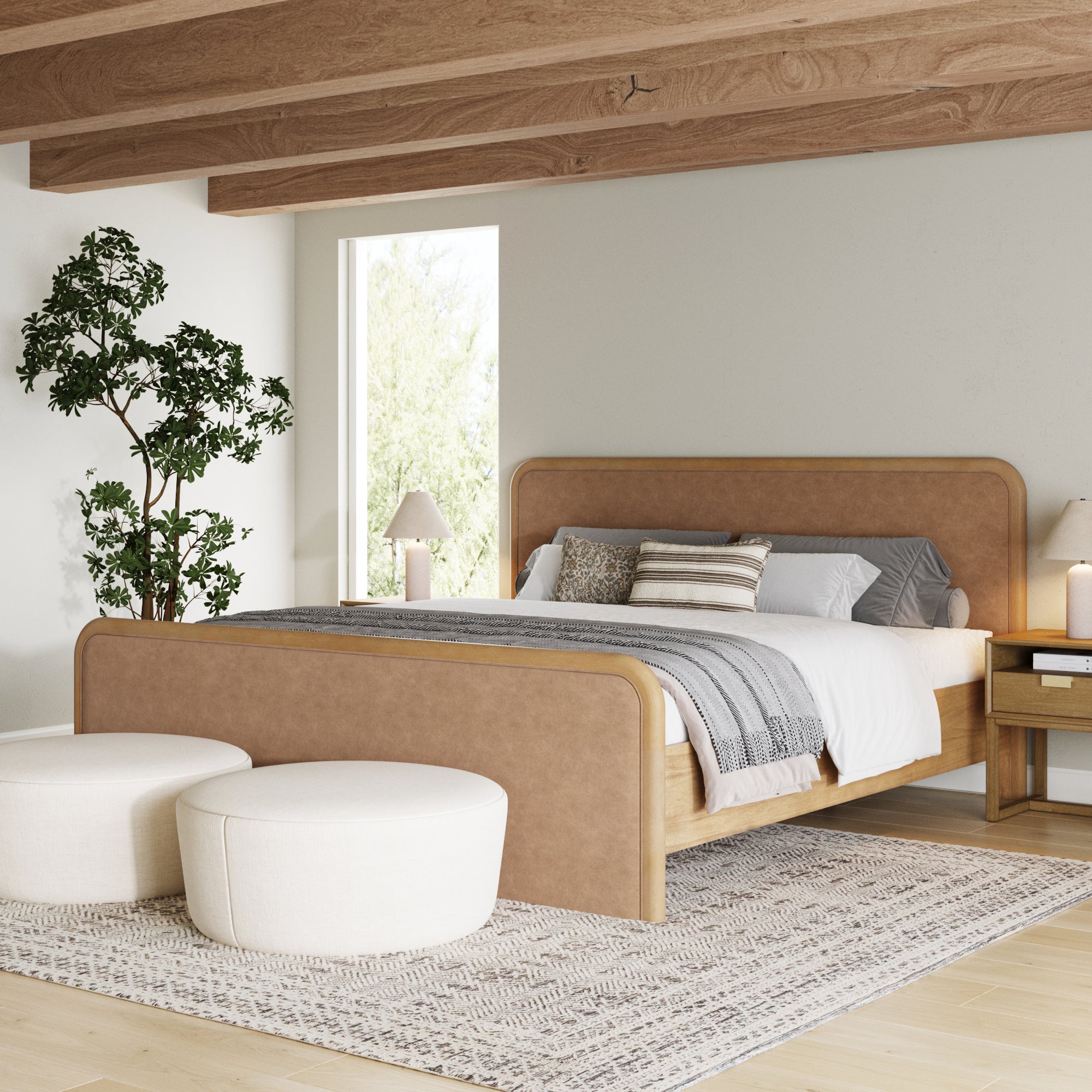 King Rounded Solid Wood Bed Frame in Light Brown Faux Leather - Nathan James