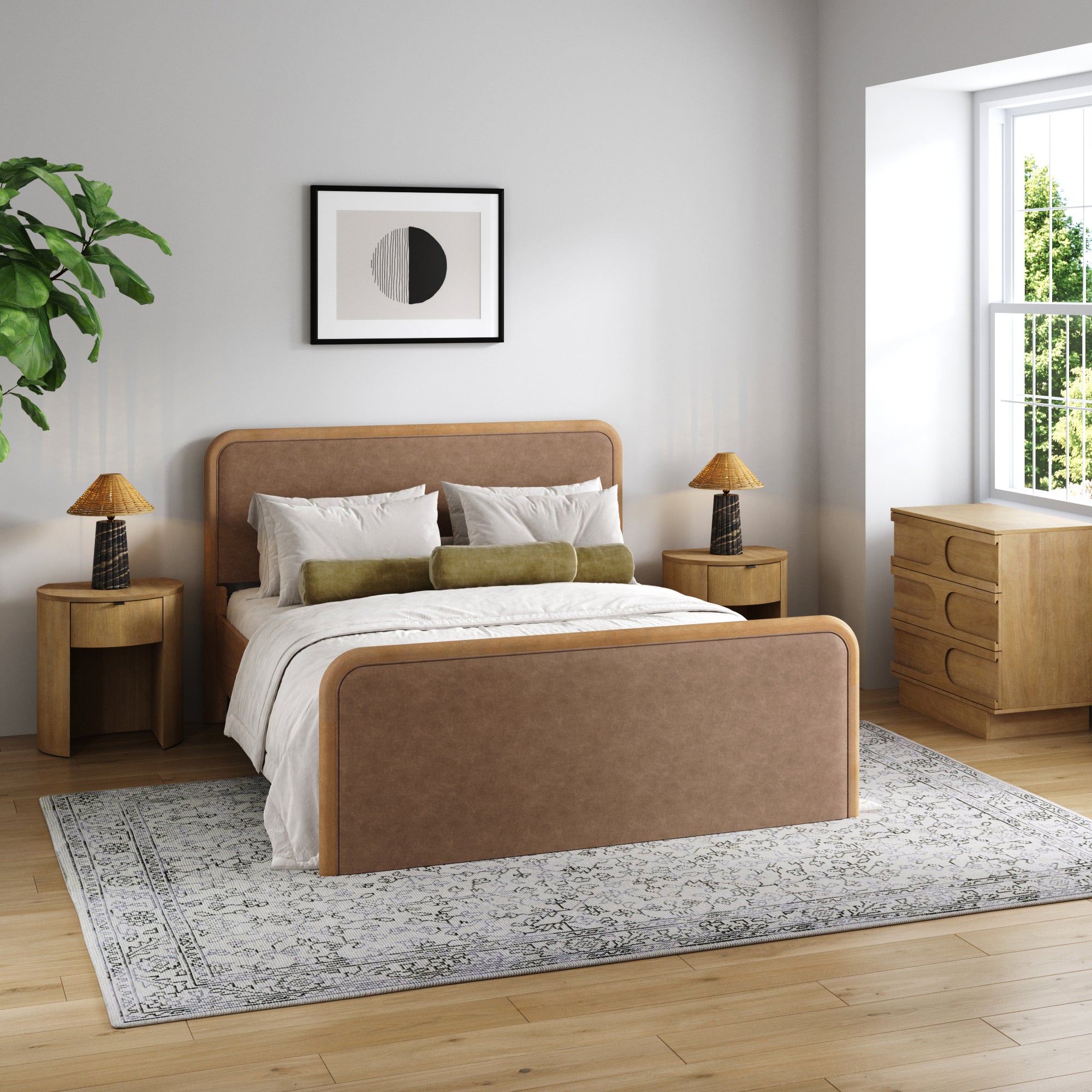 Rounded Faux Leather Queen Bed Frame with 1 Arched Dresser and 2 Nightstands Set Light Brown - Nathan James