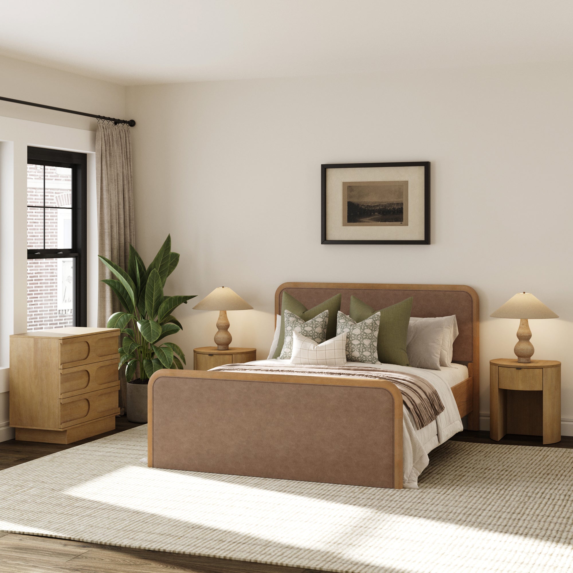 Rounded Faux Leather Queen Bed Frame with 1 Arched Dresser and 2 Nightstands Set Light Brown - Nathan James